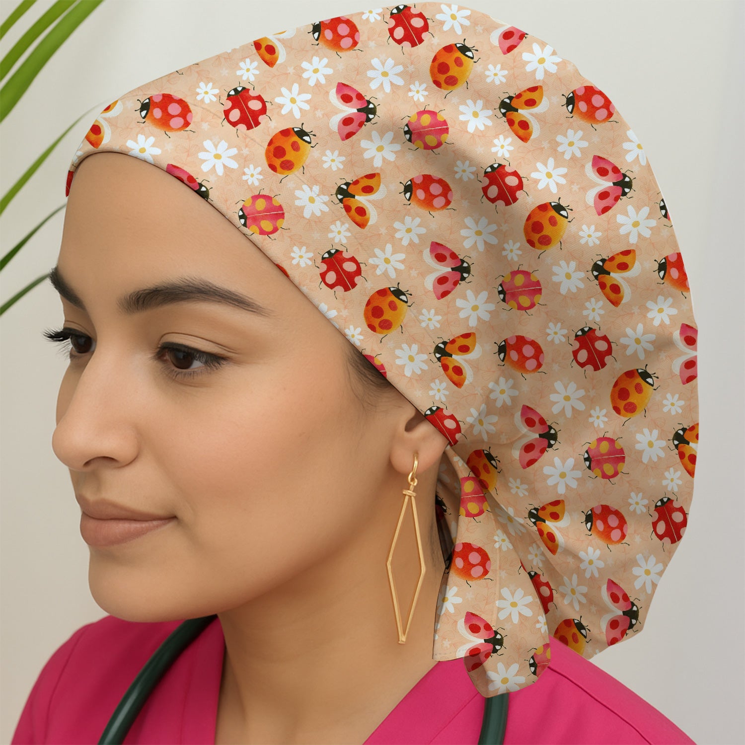 Ladybug Daisy Floral Pattern Surgical Cap, Breathable Fabrics Caps Uniform