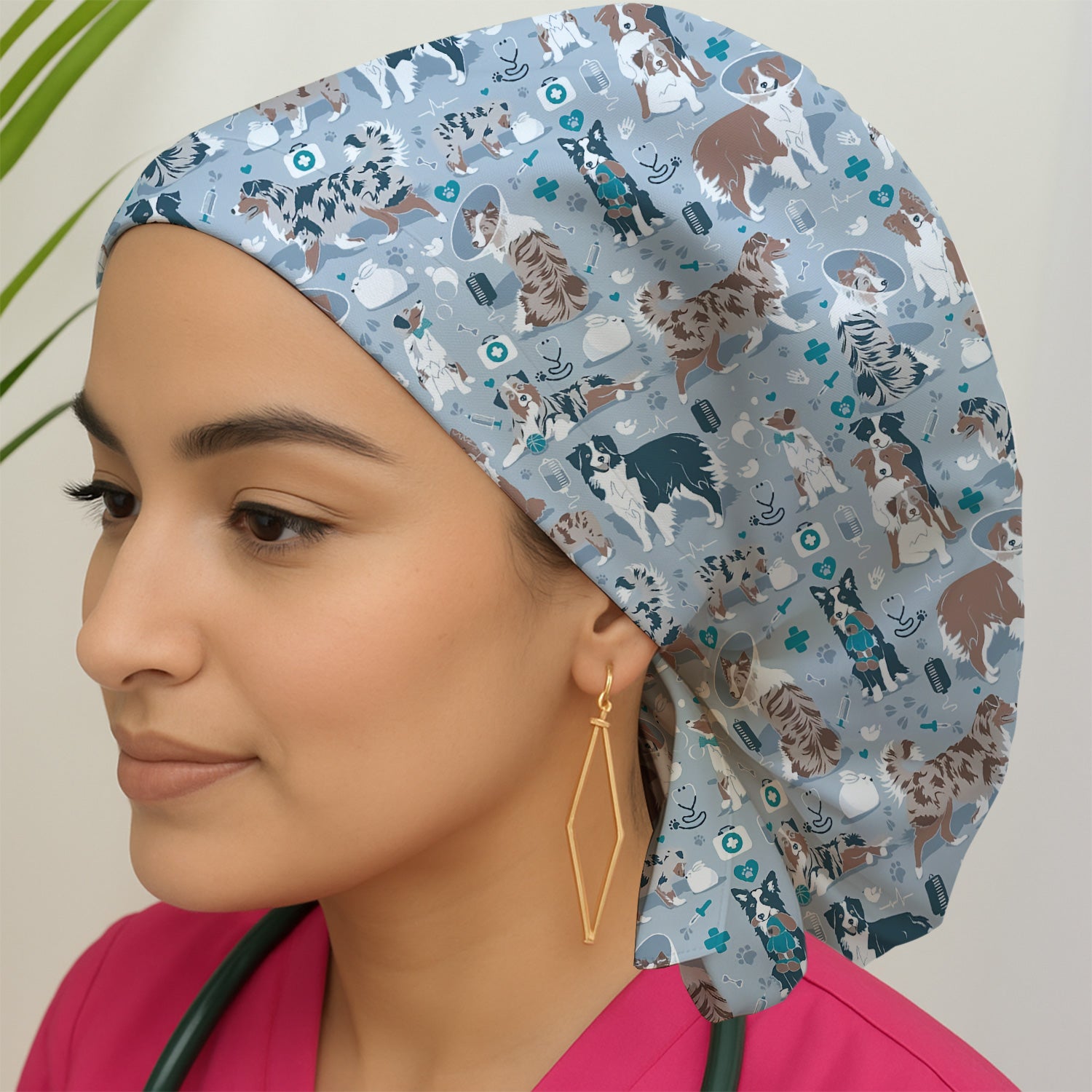Cute Dog Pattern Veterinary Scrub Cap, Bouffant Scrub Caps for Women