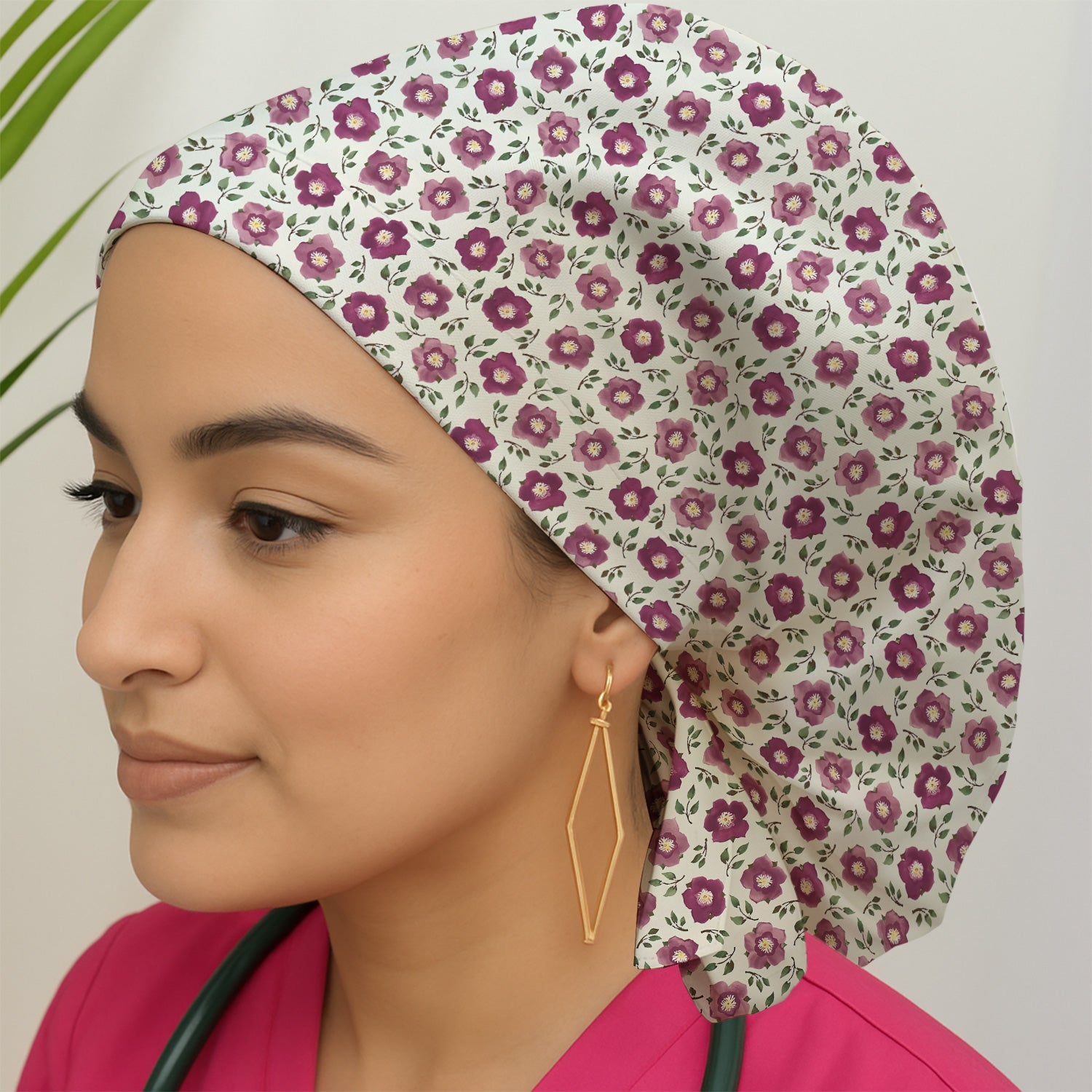 Purple Floral Blossom Leaf Pattern Scrub Cap, Bouffant Scrub Caps for Women