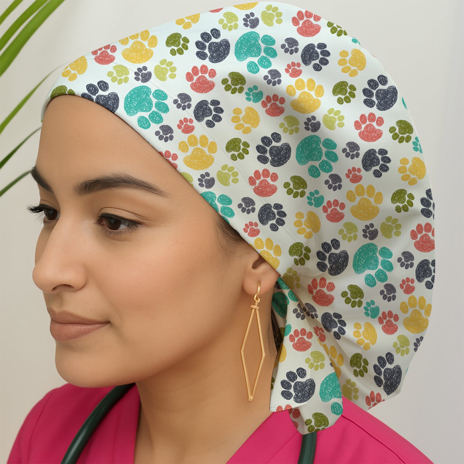 Colorful Paw Print Animal Pattern Scrub Cap, Bouffant Scrub Caps for Women