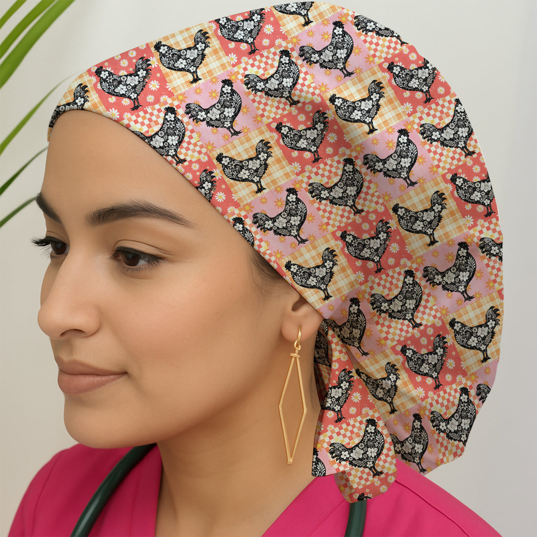 Cute Floral Chicken Patchwork Print Scrub Cap, Breathable Fabrics Caps Uniform