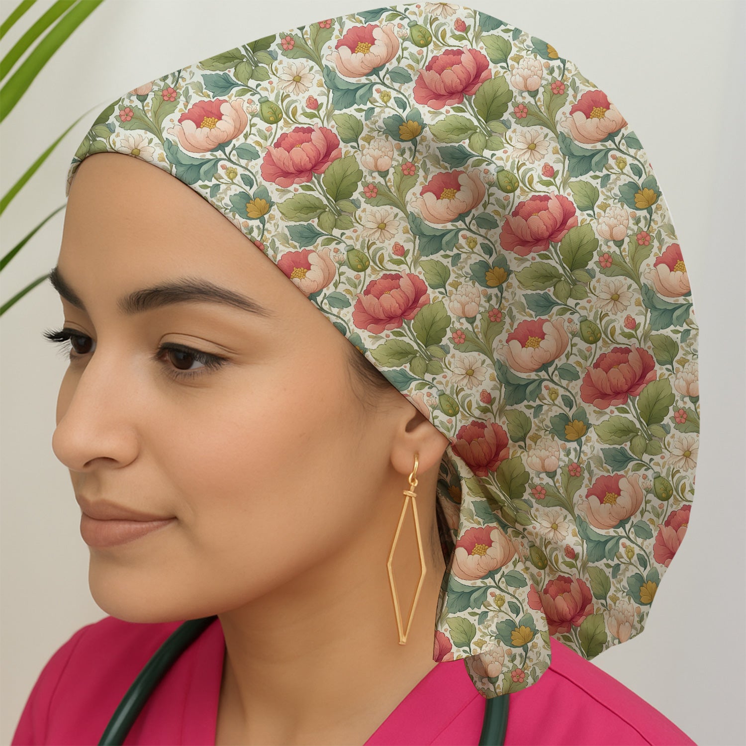 Vintage Botanical Peony Floral Pattern Scrub Cap, Breathable Fabrics Caps Uniform