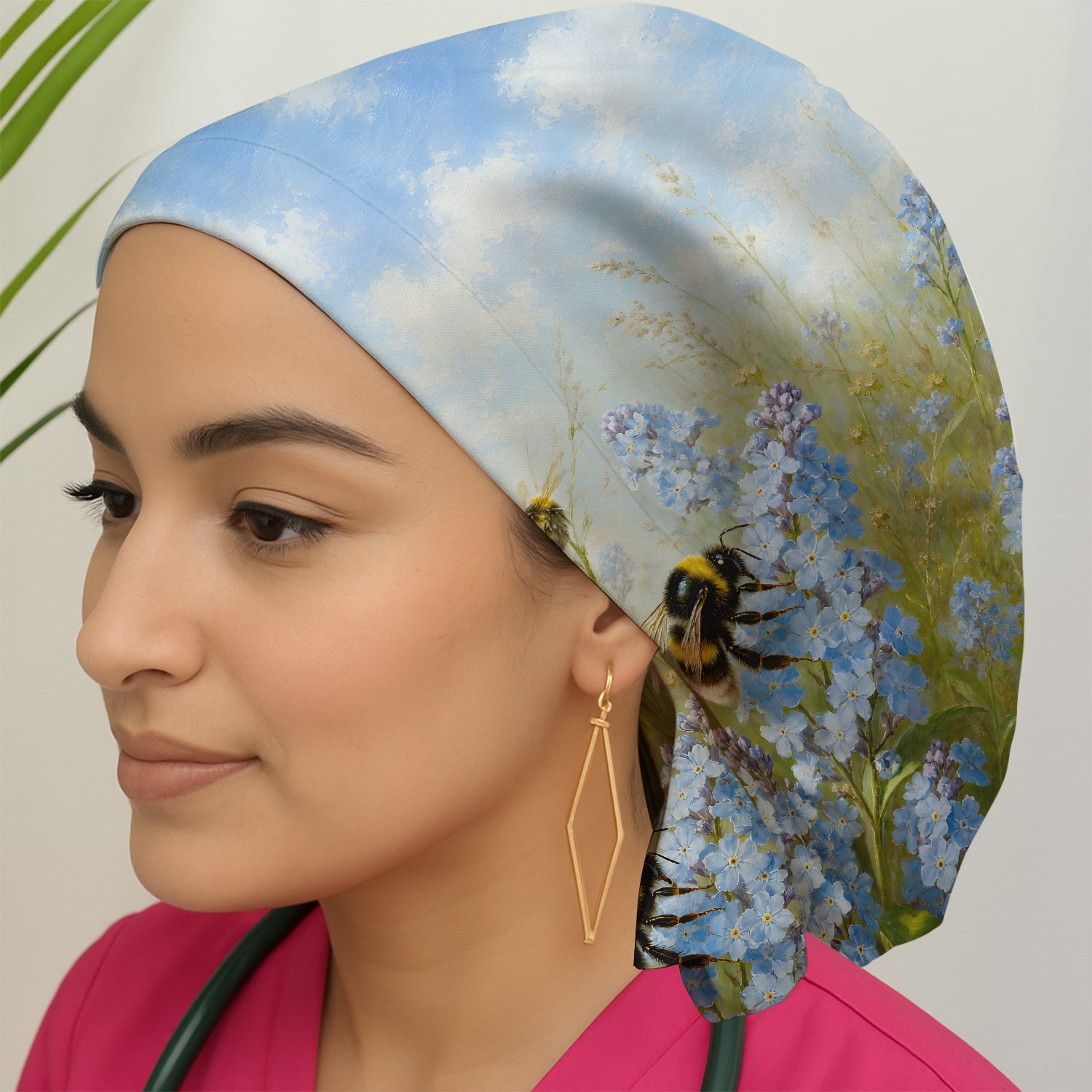 Whimsical Bumblebee Blue Blossom Pattern Scrub Cap, Surgical Caps for Doctors
