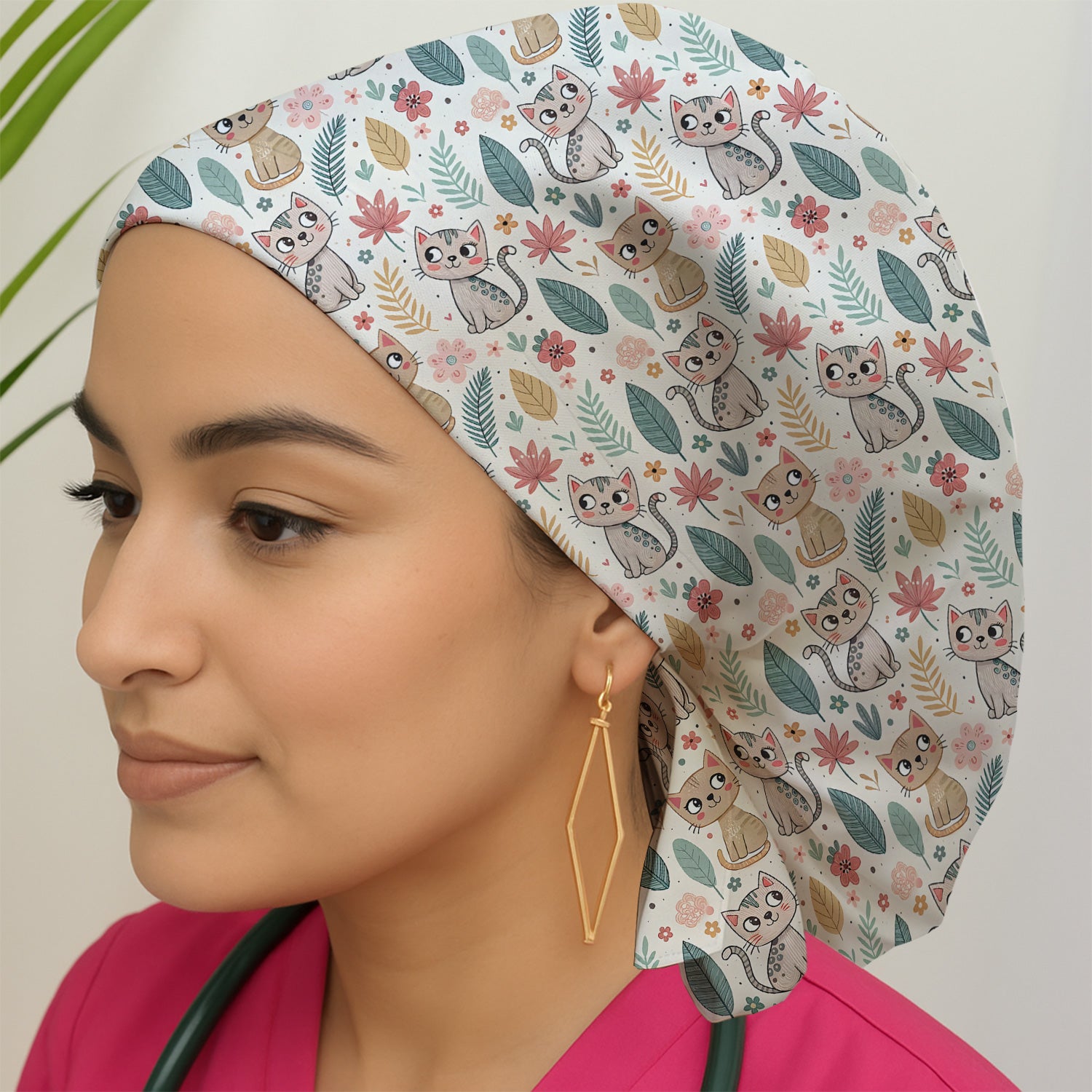 Cute Cartoon Cat Floral Leaf Pattern Scrub Cap, Bouffant Scrub Caps for Women