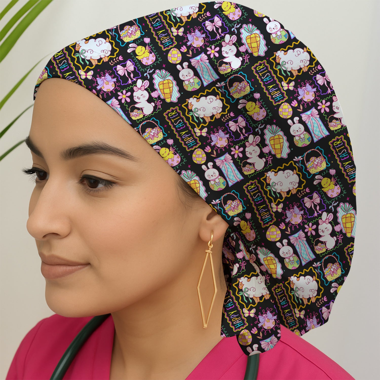 Cute Easter Bunny Egg and Bow Print Scrub Cap, Breathable Fabrics Caps Uniform