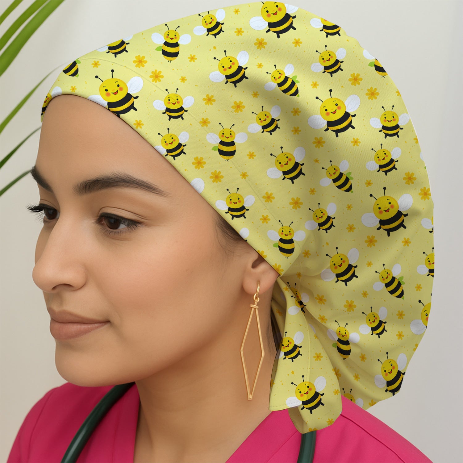 Cute Smiling Bee Yellow Floral Print Caps, Surgical Caps for Doctors