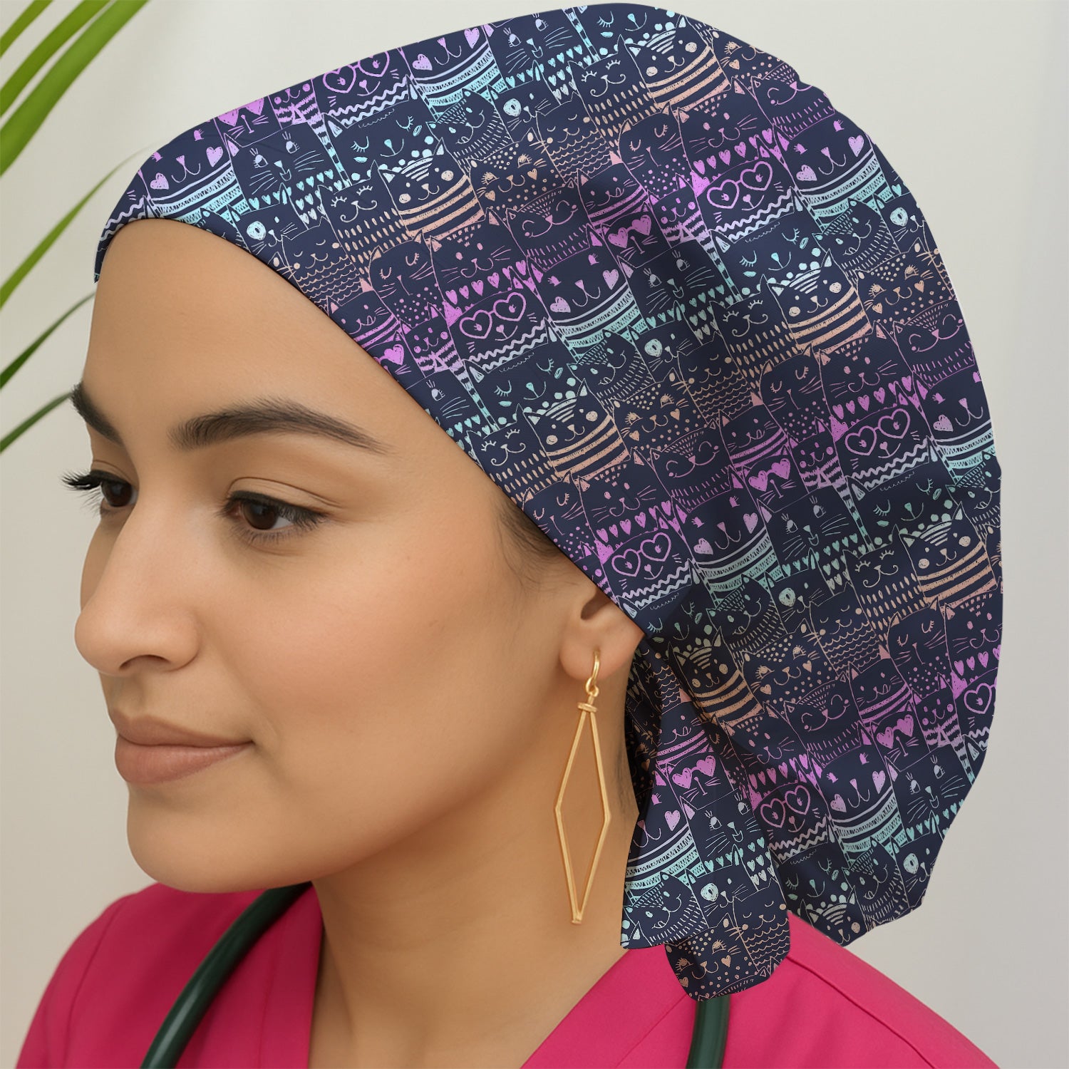Cute Neon Cat Faces Pattern Scrub Cap, Surgical Caps for Doctors