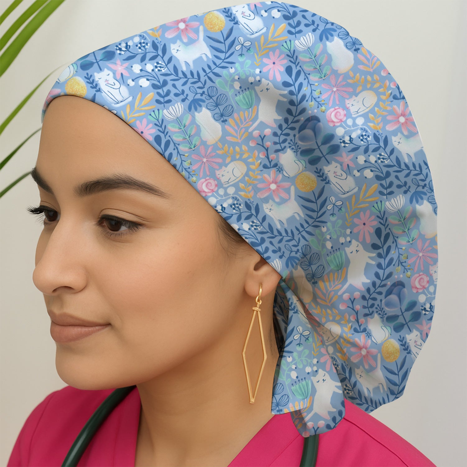 Whimsical Cat Floral Pattern Scrub Cap, Breathable Fabrics Caps Uniform
