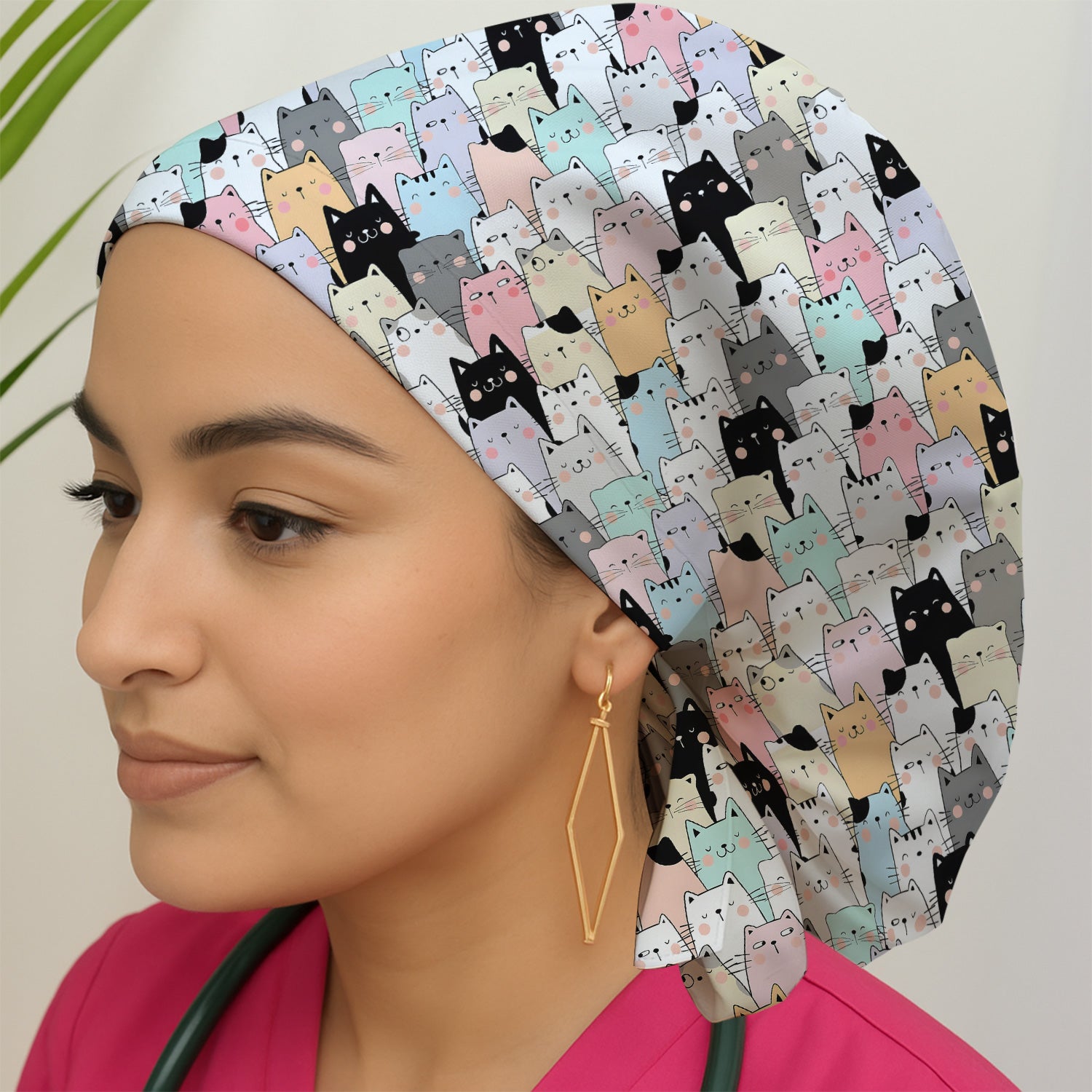 Playful Cartoon Cat Crowd Pattern Surgical Cap, Breathable Fabrics Caps Uniform