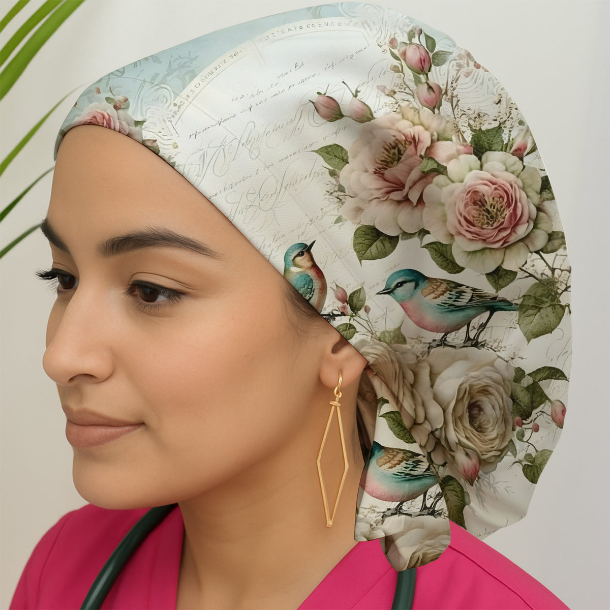 Vintage Birds Rose Pattern Scrub Cap, Surgical Caps for Doctors