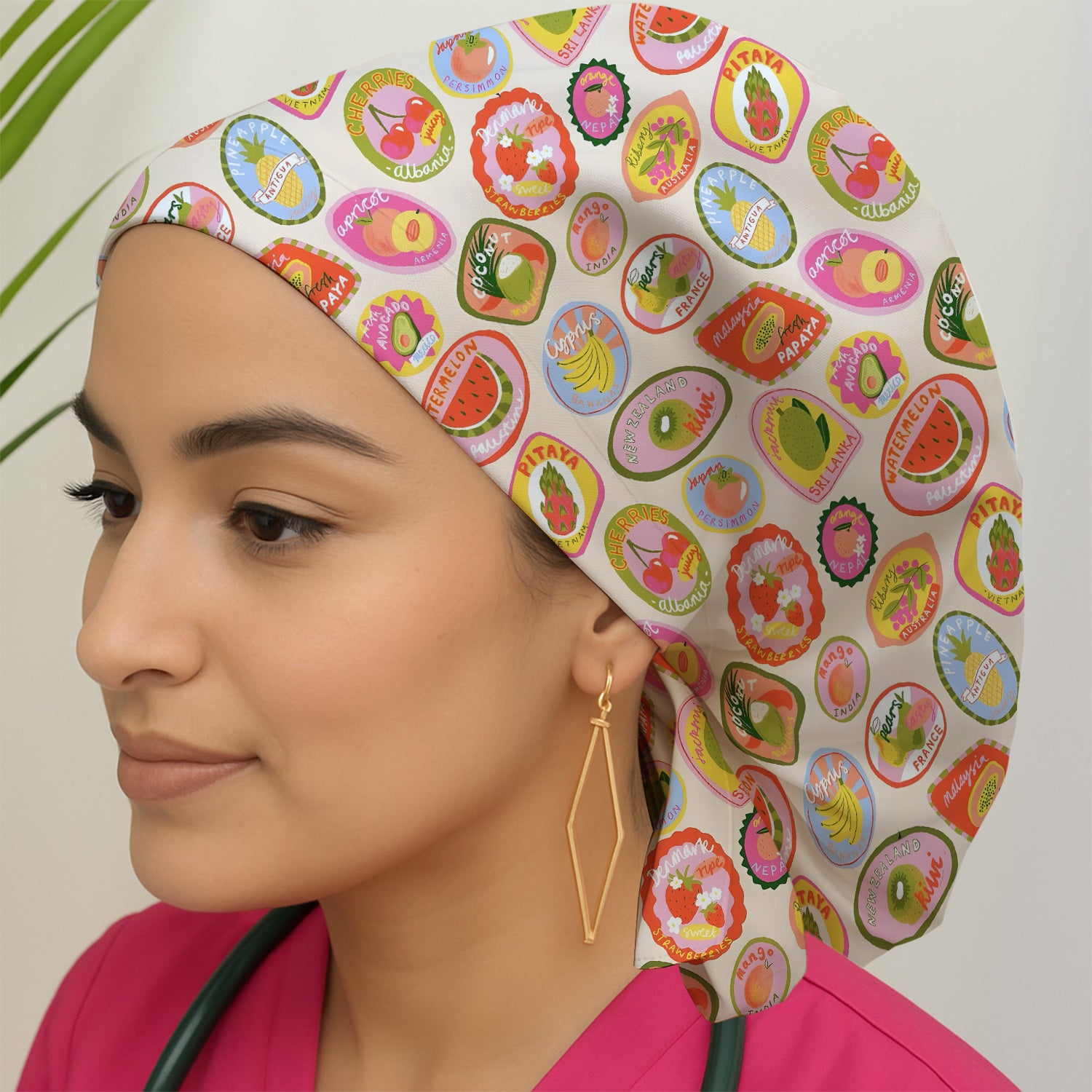 Summer Colorful Fruit Sticker Pattern Scrub Cap, Breathable Fabrics Caps Uniform
