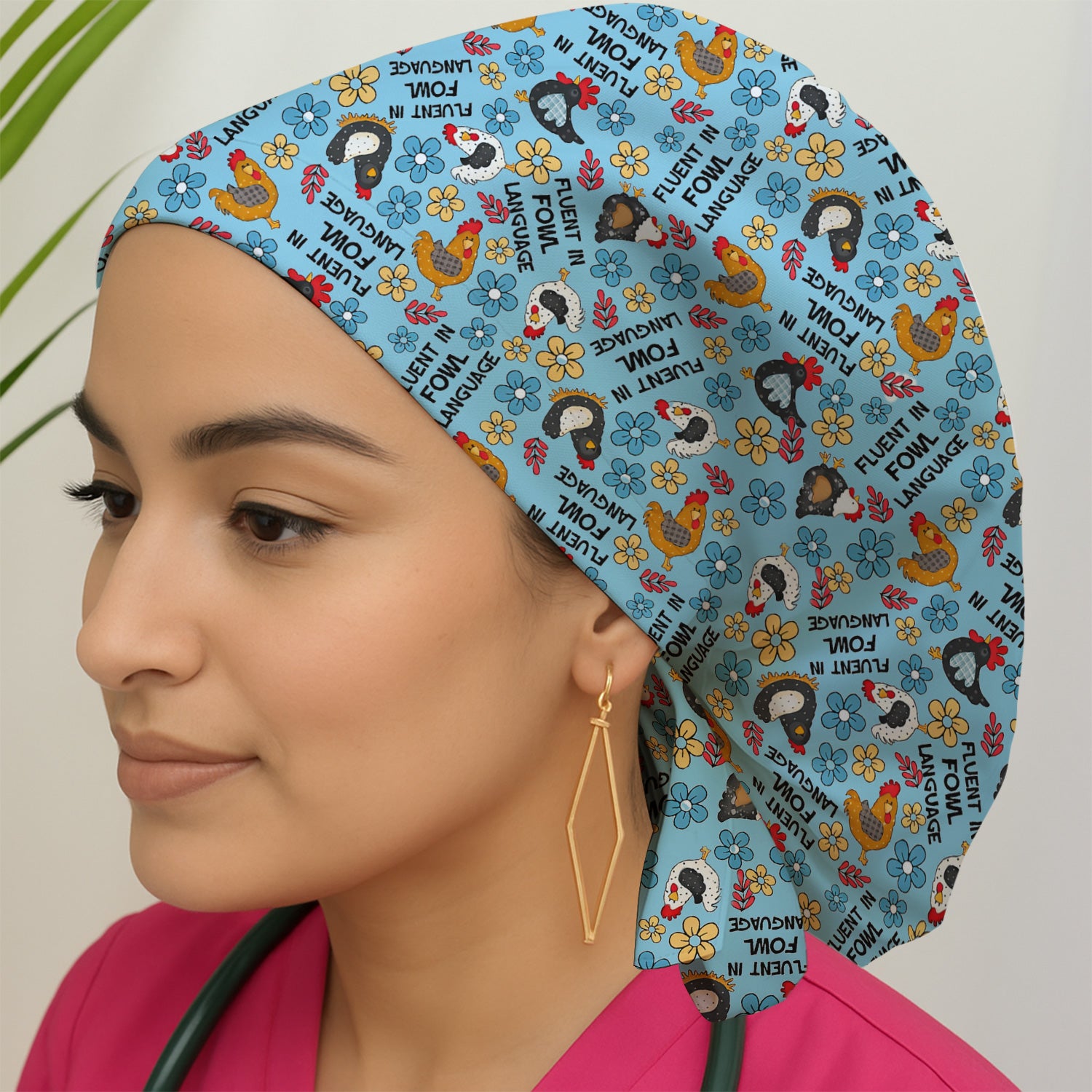 Funny Chicken Fluent in Fowl Language Pattern Cap, Bouffant Scrub Caps for Women