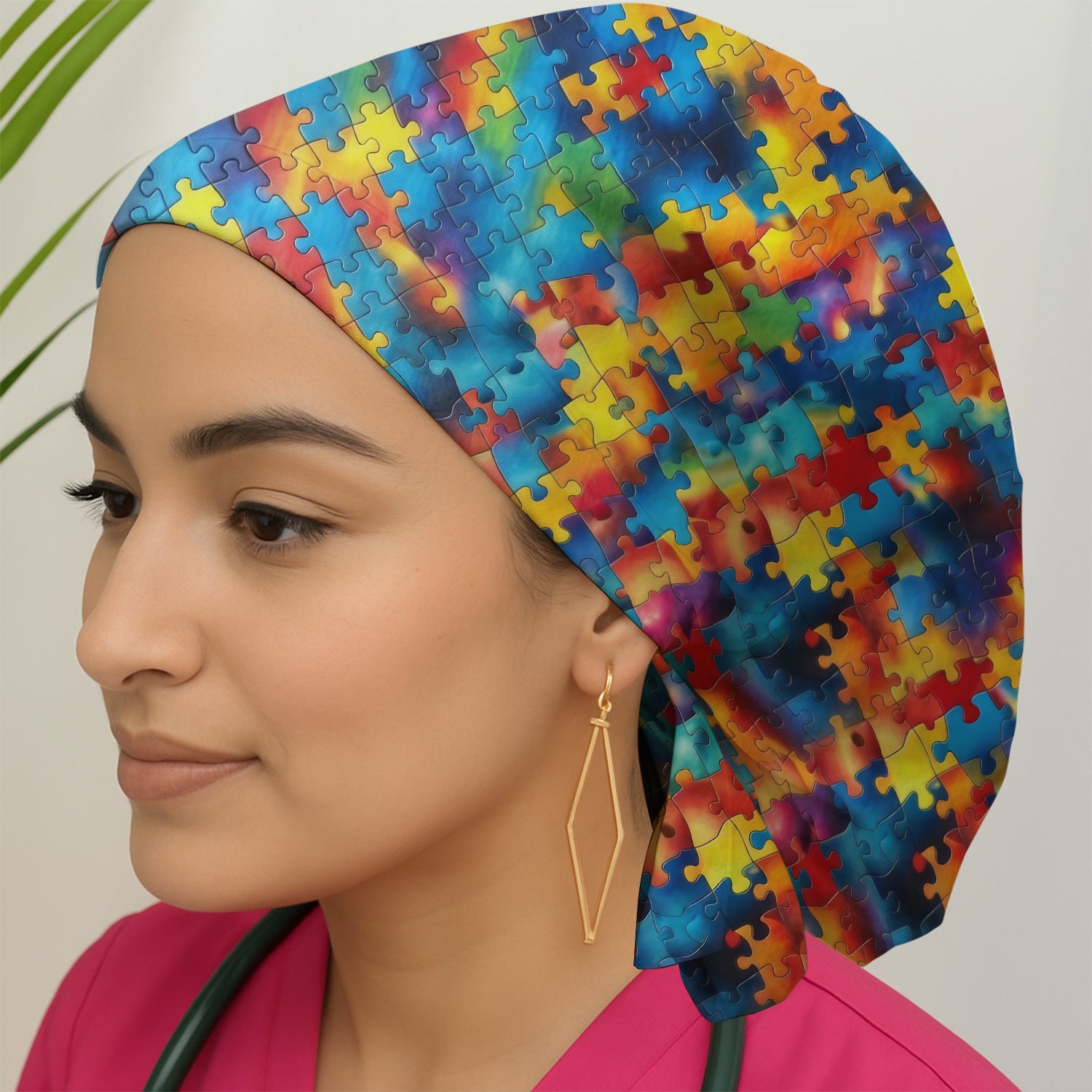 Rainbow Puzzle Piece Print Pattern Cap, Bouffant Scrub Caps for Women
