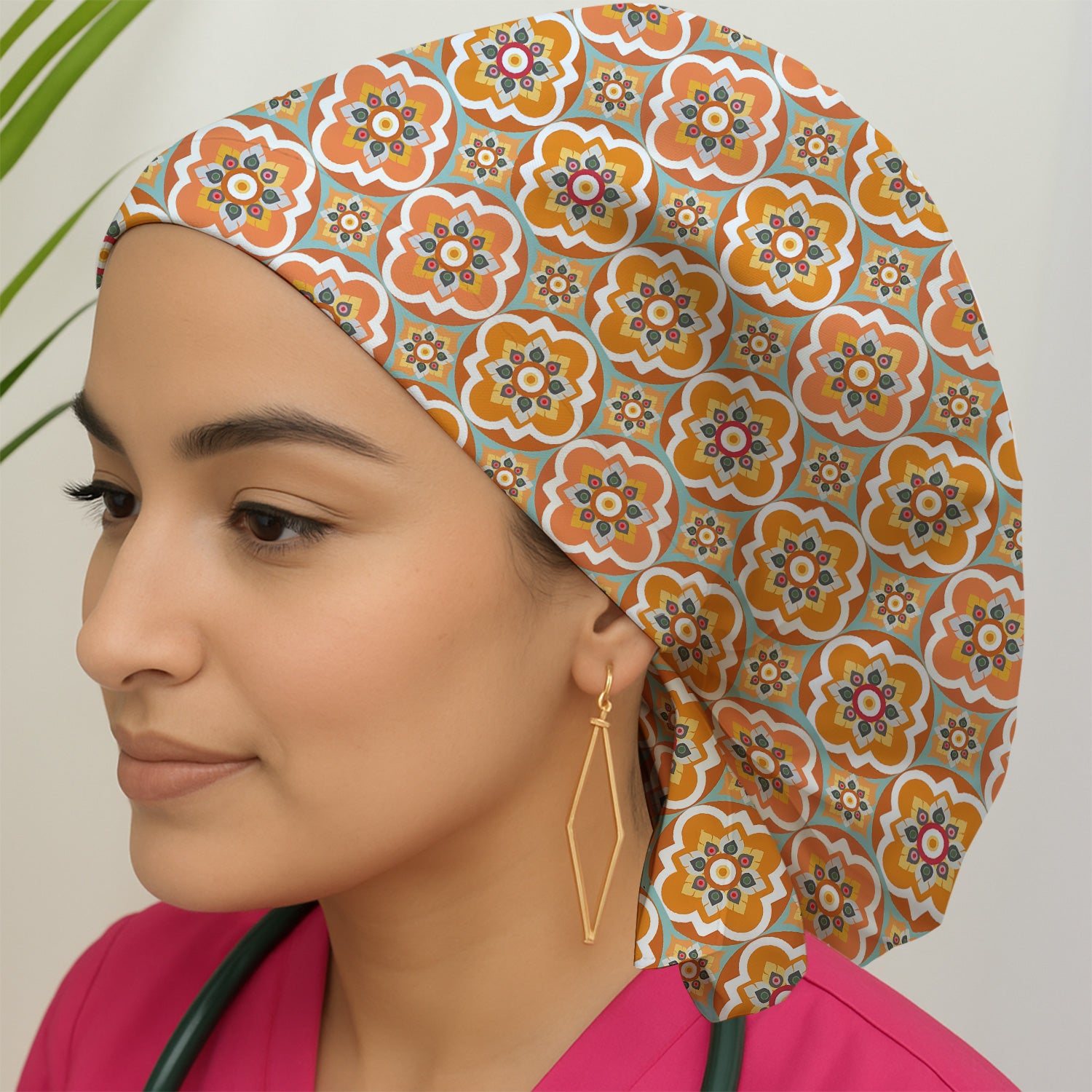 Orange Retro Geometric Floral Pattern Scrub Cap, Breathable Fabrics Caps Uniform