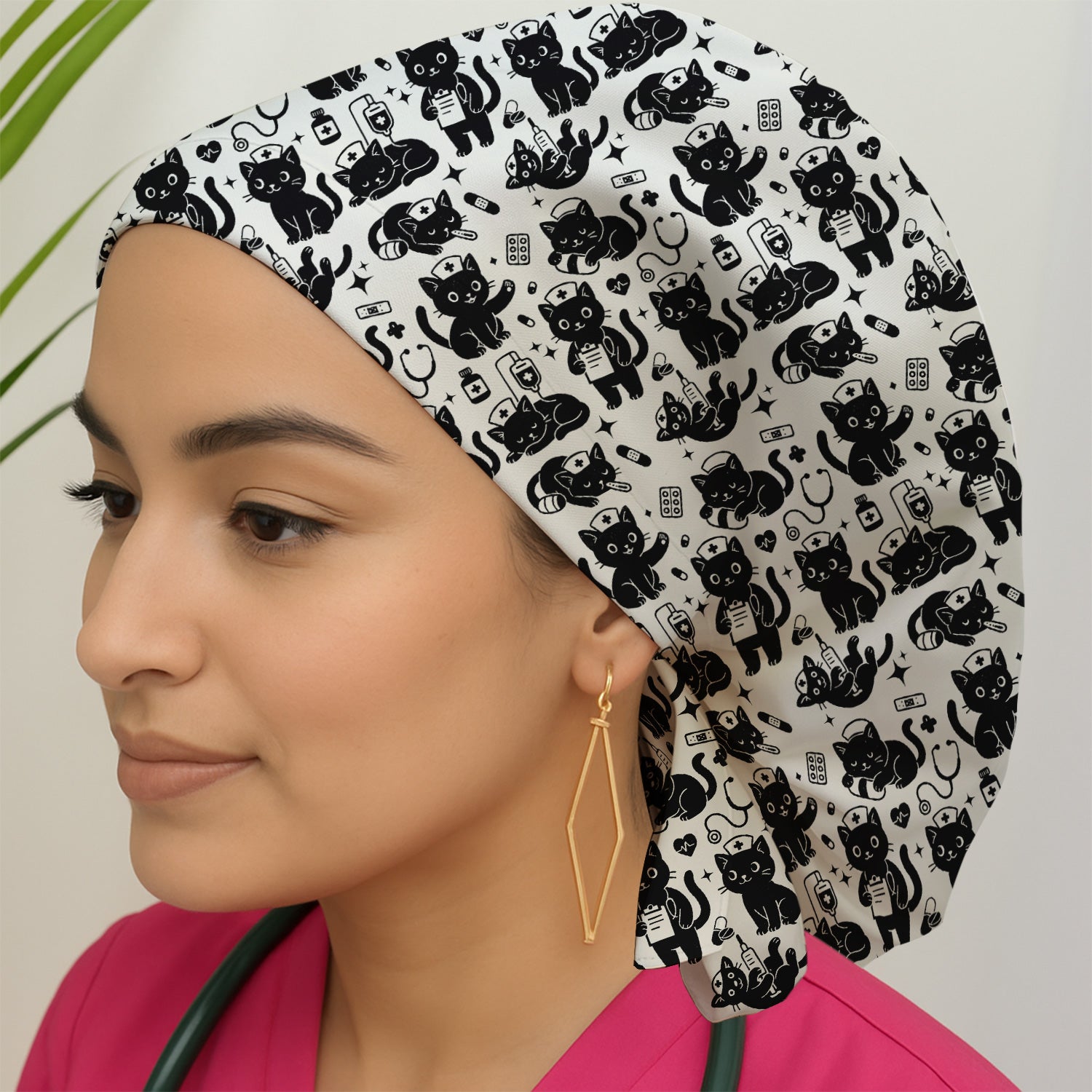 Cute Black Cat Nurse Pattern Scrub Cap, Surgical Caps for Doctors