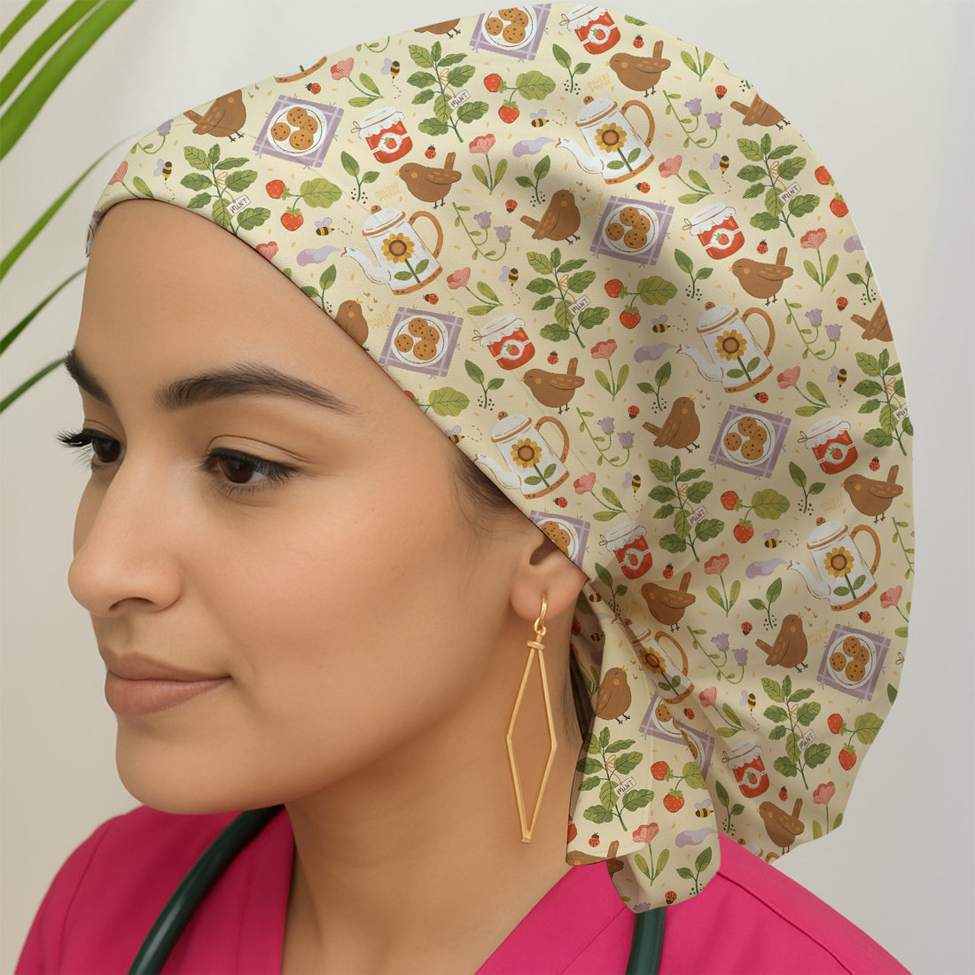 Cute Garden Tea Bird Strawberry Pattern Scrub Cap, Surgical Caps for Doctors