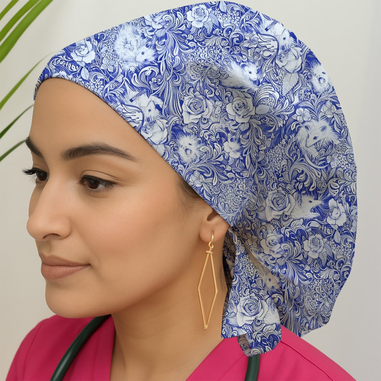 Blue Toile Porcupine Floral Pattern Scrub Cap, Breathable Fabrics Caps Uniform