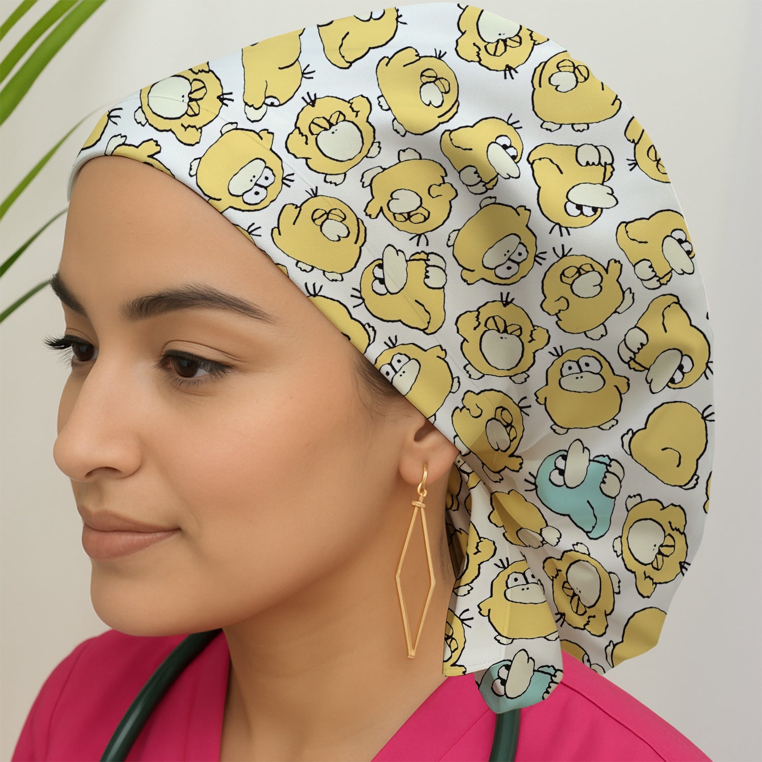 Funny Yellow Cartoon Duck Pattern Scrub Cap, Breathable Fabrics Caps Uniform