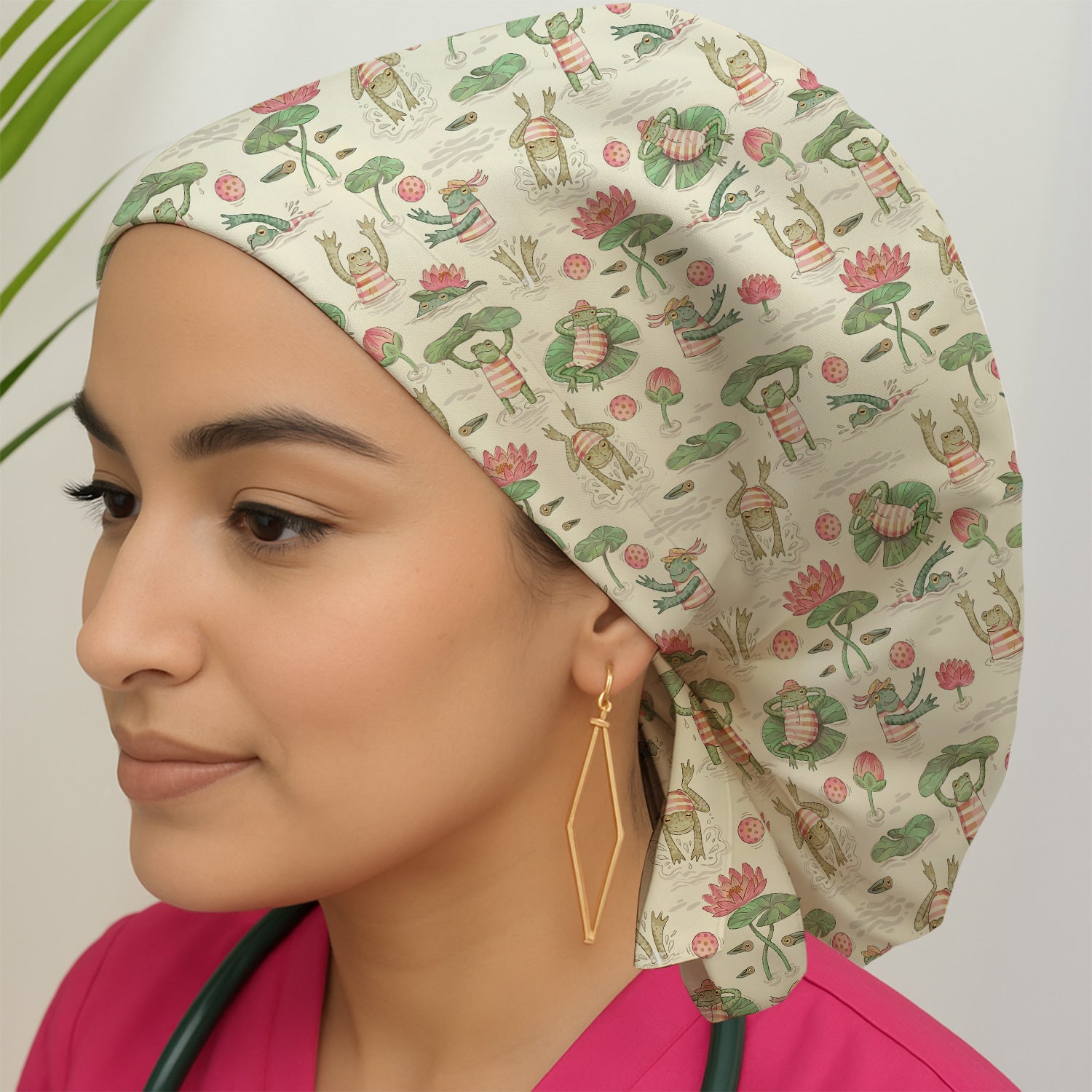 Cute Frogs Swimming Lily Pond Pattern Nurse Scrub Cap, Surgical Caps for Doctors