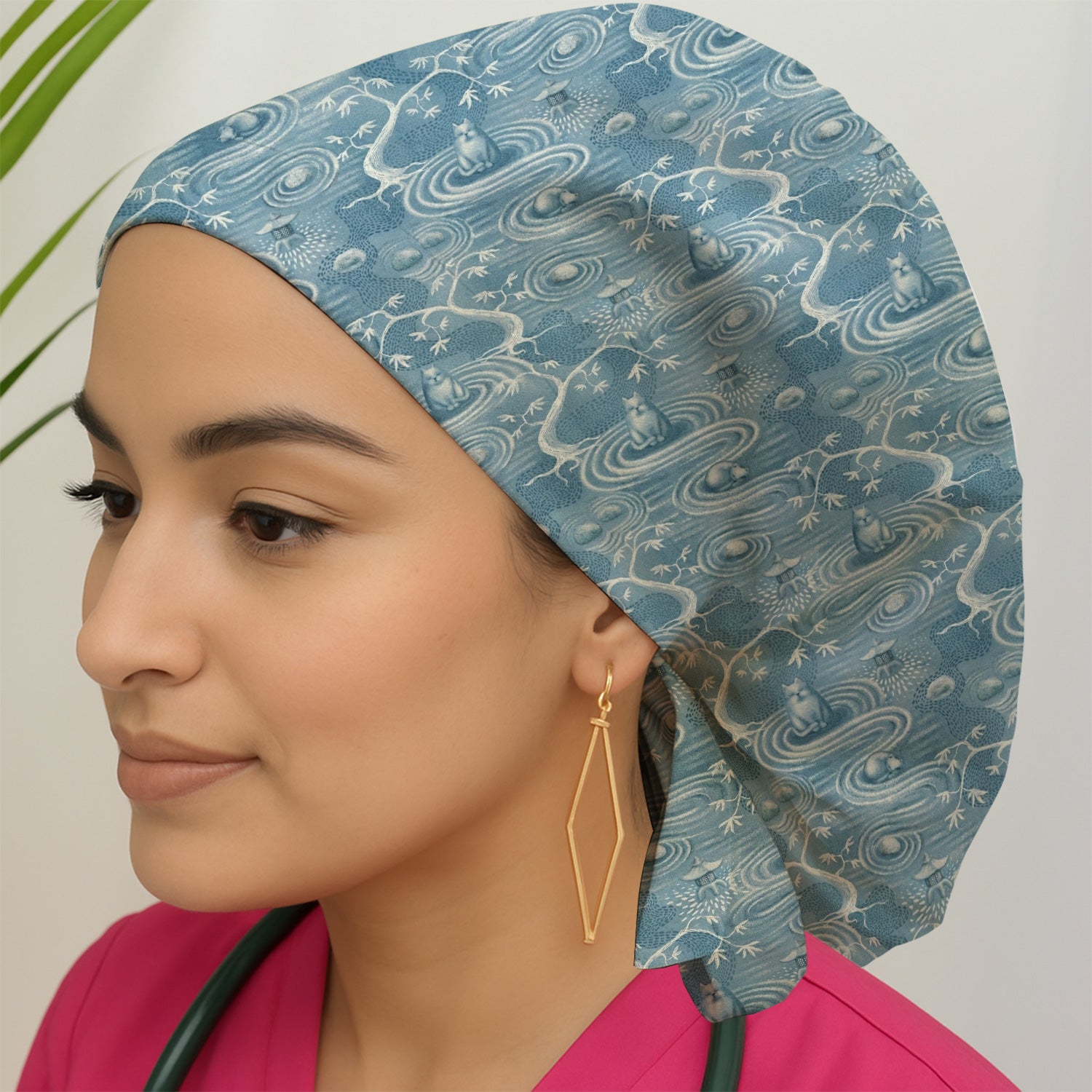 Zen Cat Water Garden Pattern Scrub Cap, Surgical Caps for Doctors