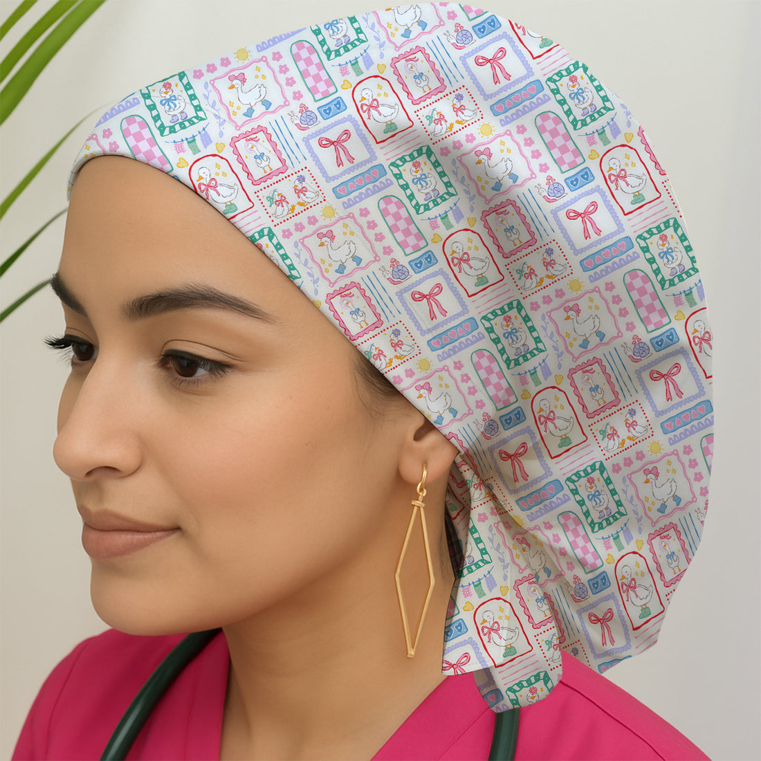 Adorable Nurse Goose Ribbon Patchwork Frame Pattern Scrub Cap, Surgical Caps for Doctors