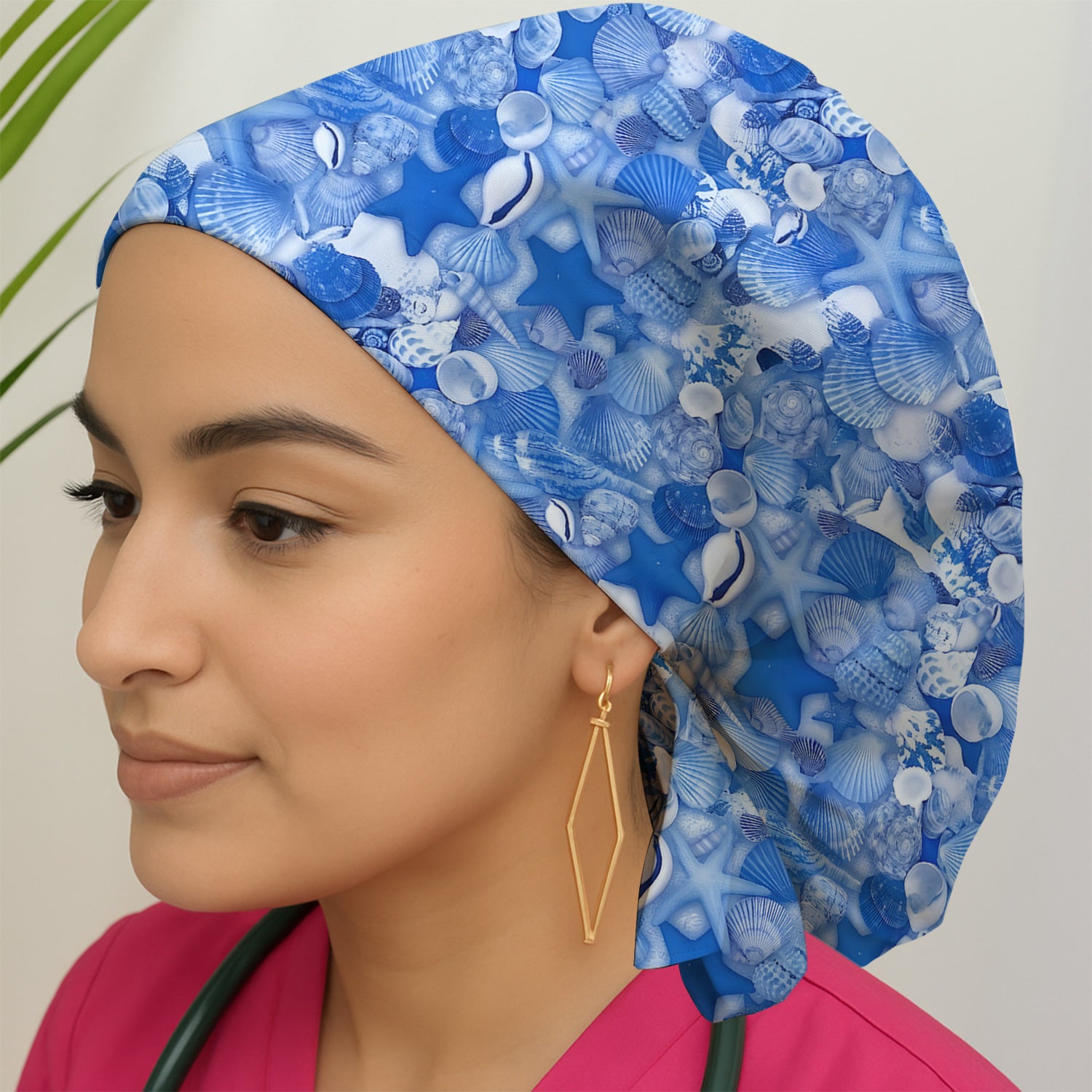 Blue Seashell Starfish Ocean Pattern Scrub Cap, Surgical Caps for Doctors