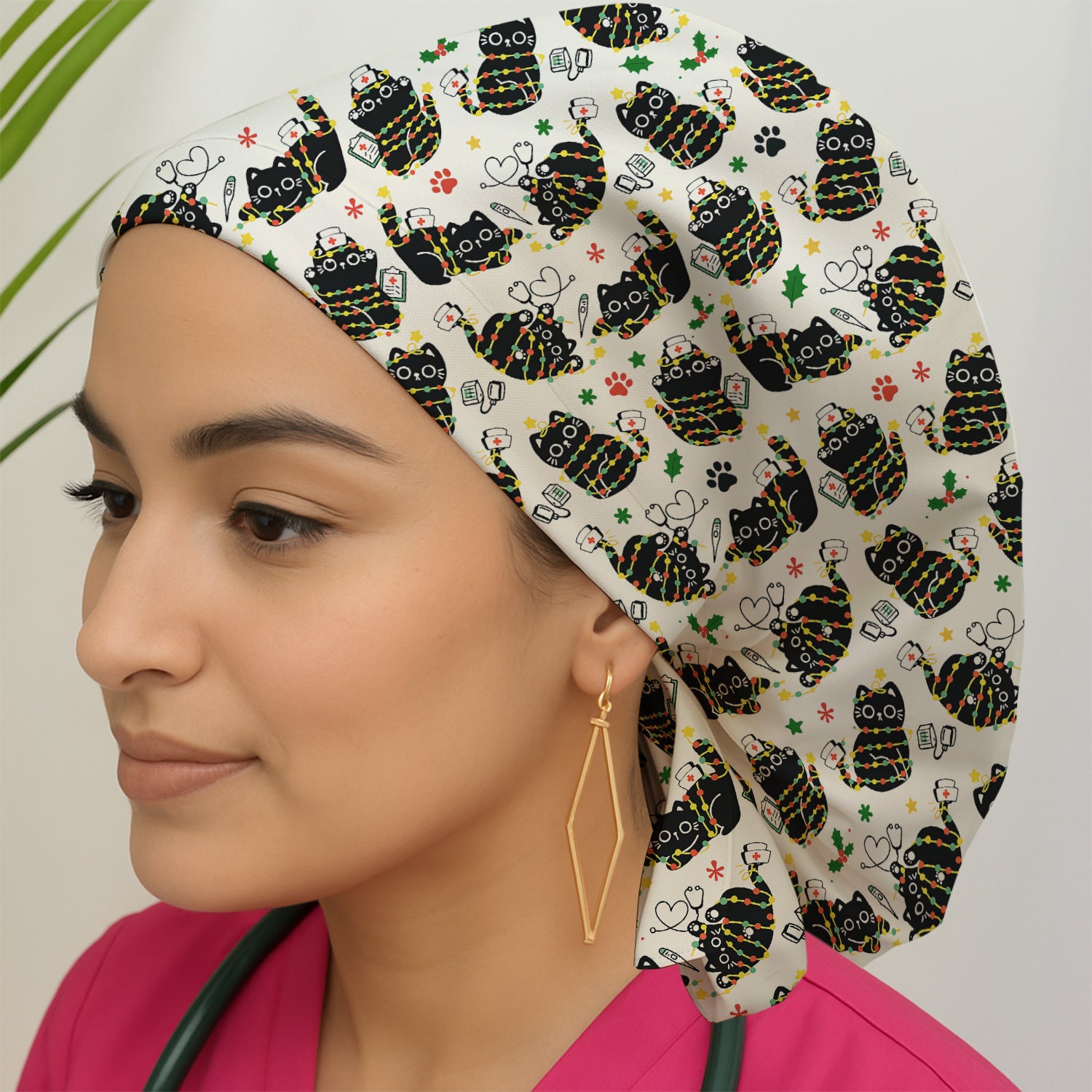Black Cat Christmas Scrub Cap – Nurse & Holiday Lights Pattern Cap – Cute Medical Uniform For Nursing