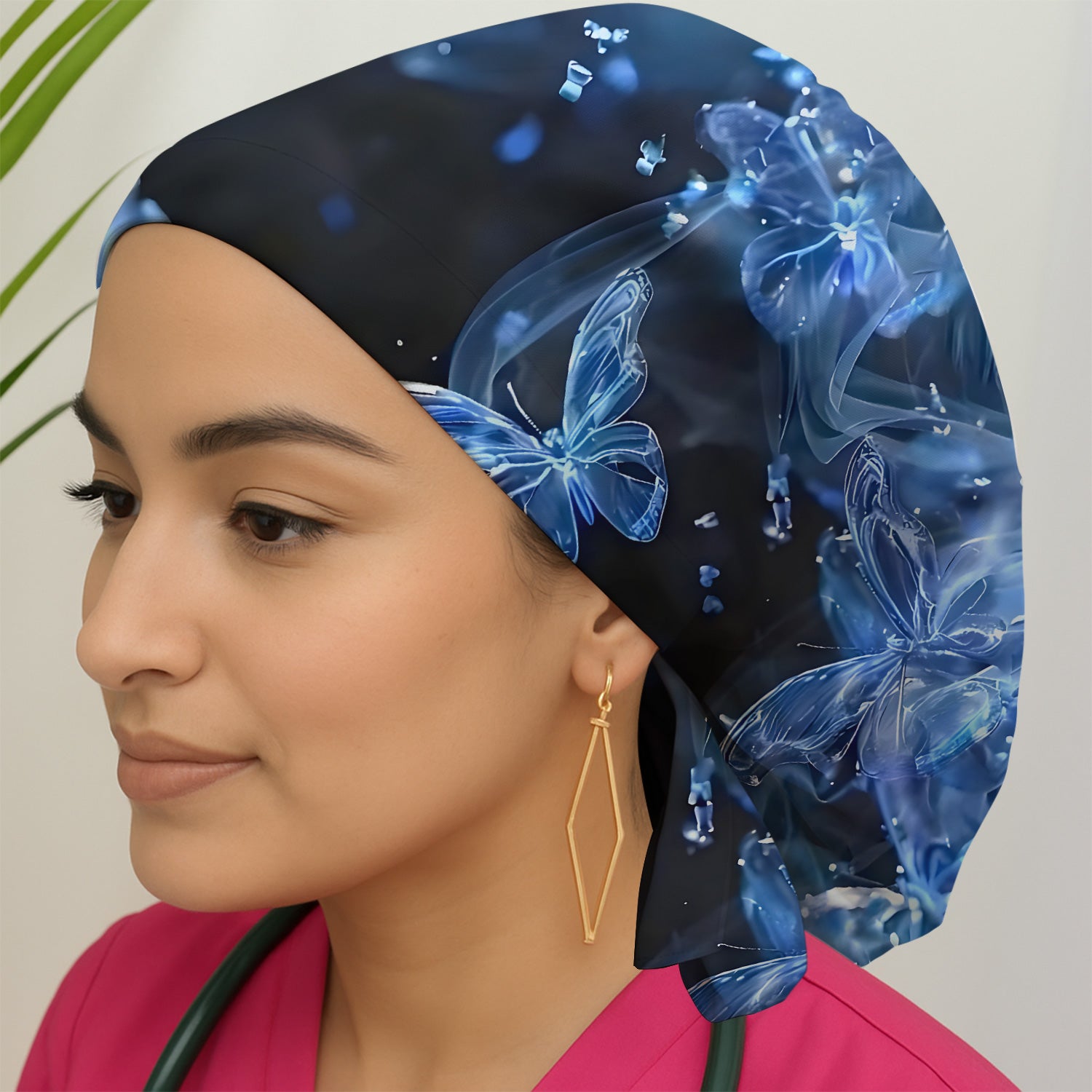 Glowing Blue Butterfly Garden Pattern Scrub Cap, Surgical Caps for Doctors