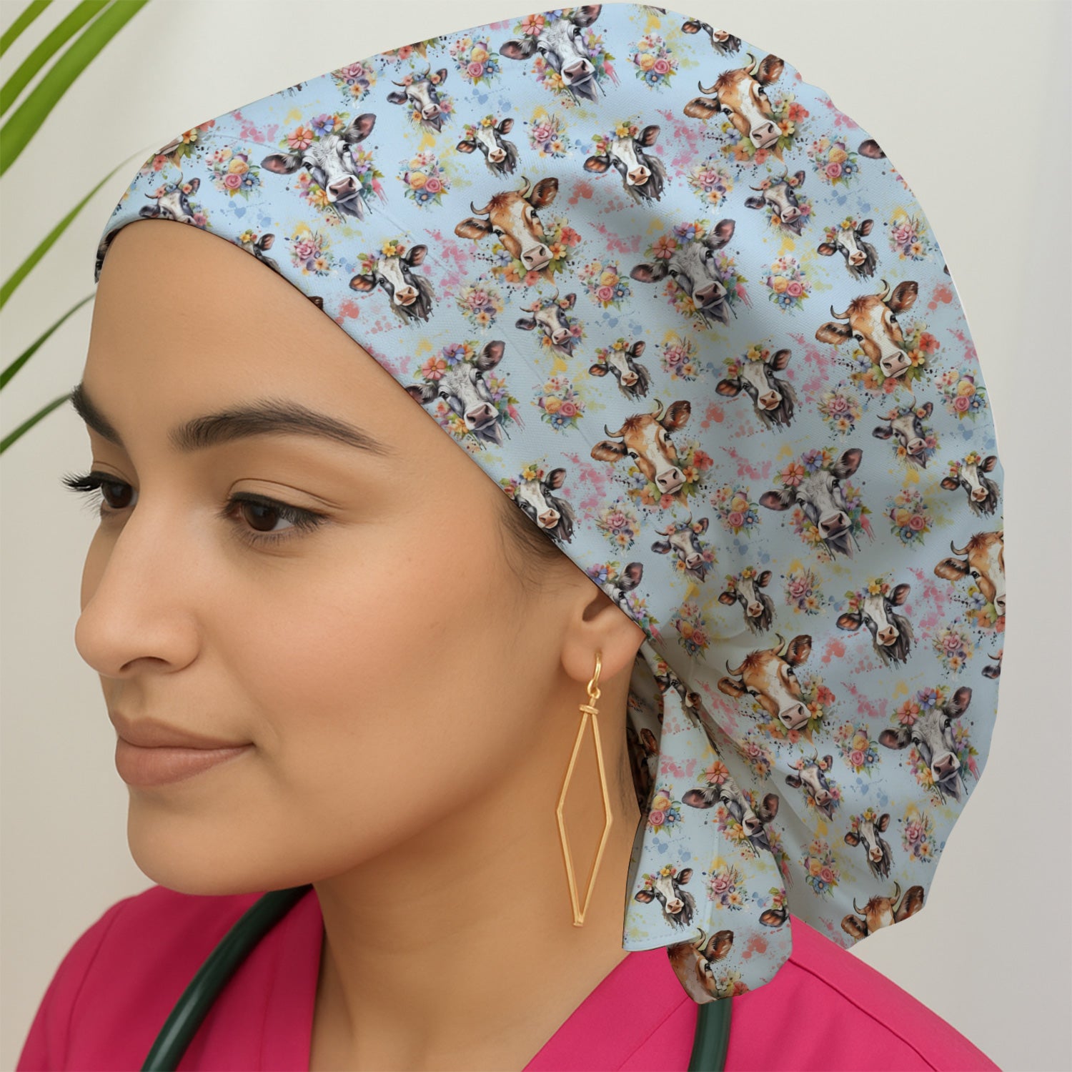 Cute Floral Cow Farm Animal Pattern Nurse Scrub Cap, Surgical Caps for Doctors