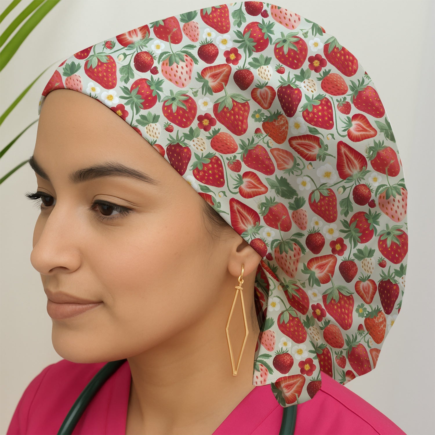 Fresh Strawberry Pattern Leaves Caps, Bouffant Scrub Caps for Women