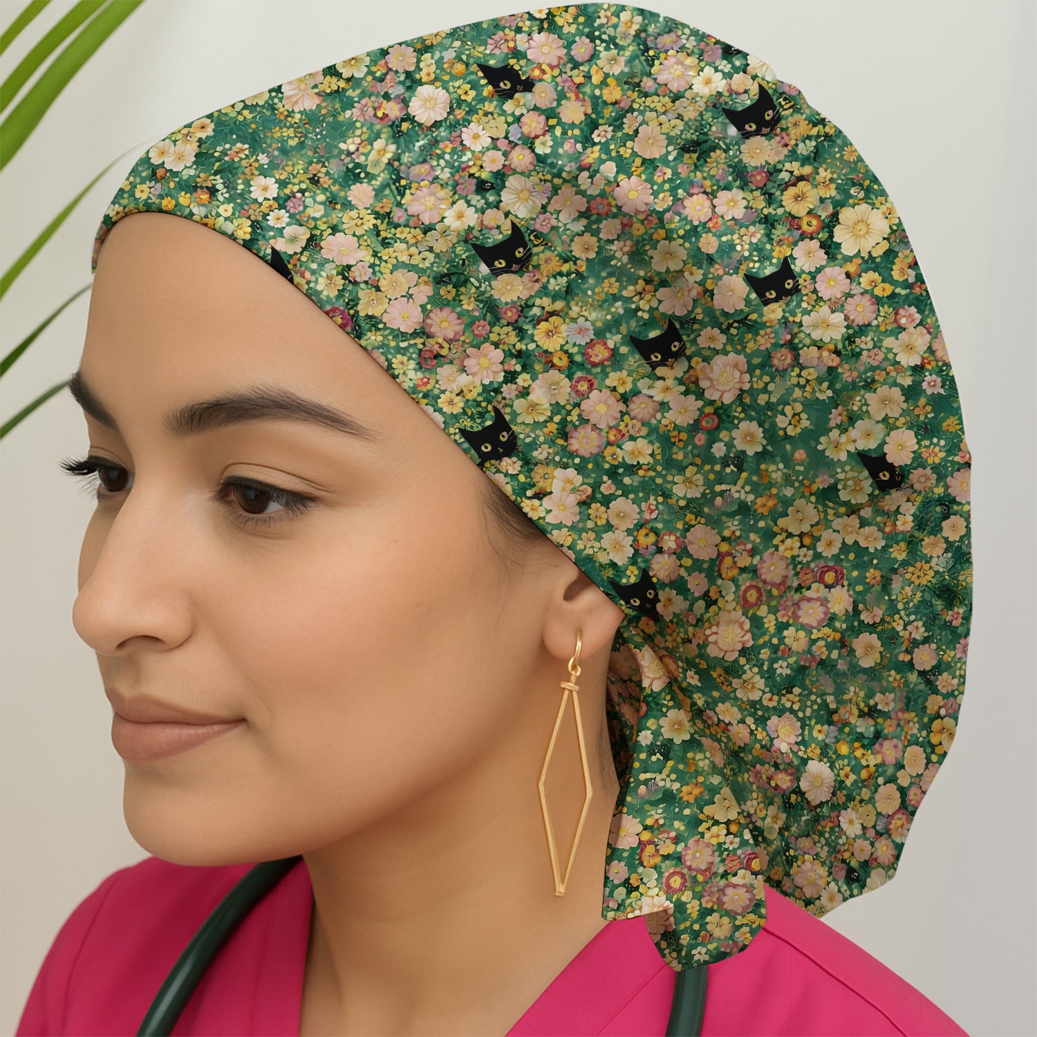 Cute Black Cat In Floral Garden Pattern Caps, Bouffant Scrub Caps for Women