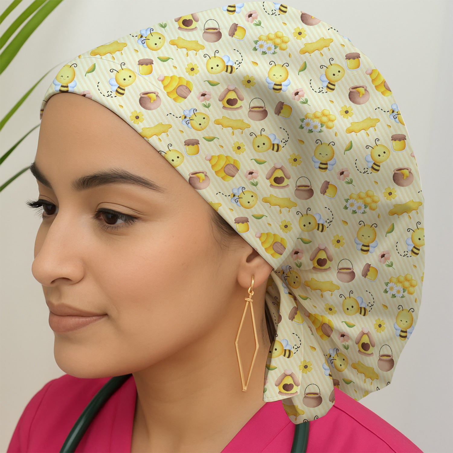 Cute Bee Honey Flower Stripe Pattern Scrub Cap, Breathable Fabrics Caps Uniform