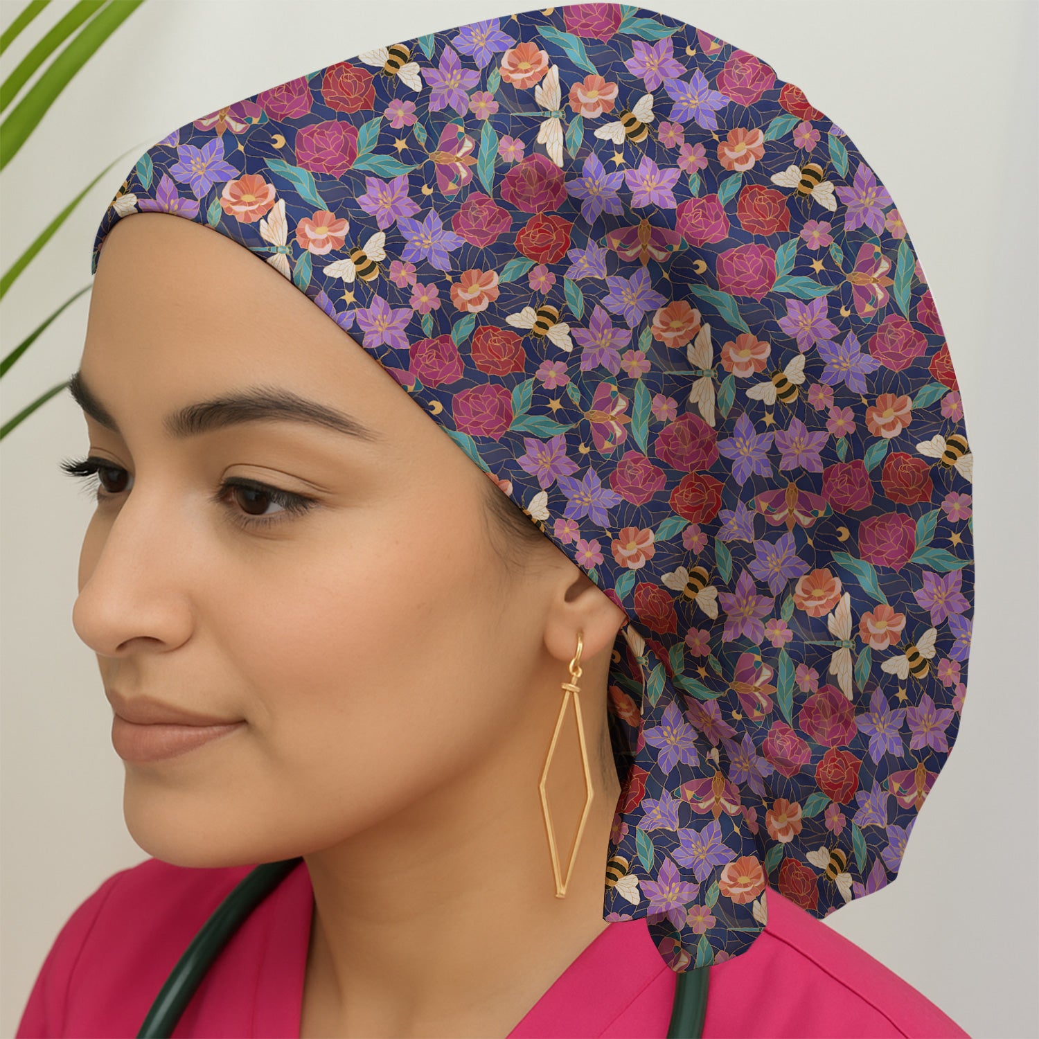 Charming Floral Garden With Bees And Dragonflies Scrub Cap, Surgical Caps for Doctors