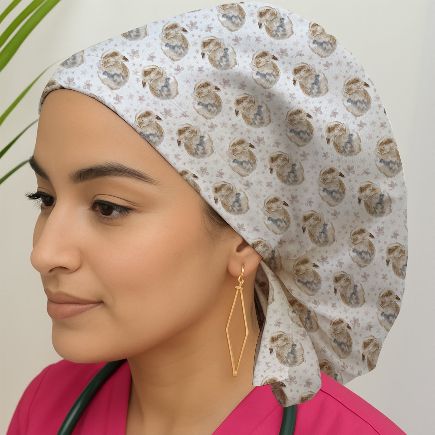 Cute Sleeping Bunny Floral Meadow Pattern Nurse Scrub Cap, Surgical Caps for Doctors