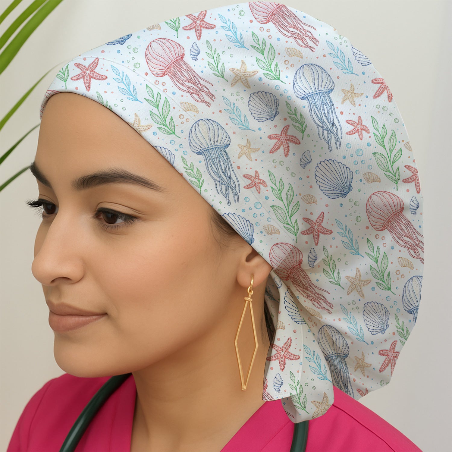 Ocean Jellyfish Starfish Seashell Pattern Caps, Bouffant Scrub Caps for Women
