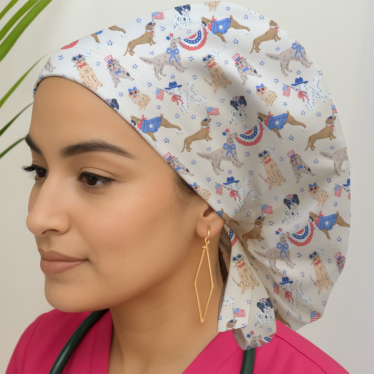 Patriotic Dog Parade Pattern Scrub Cap, Surgical Caps for Doctors