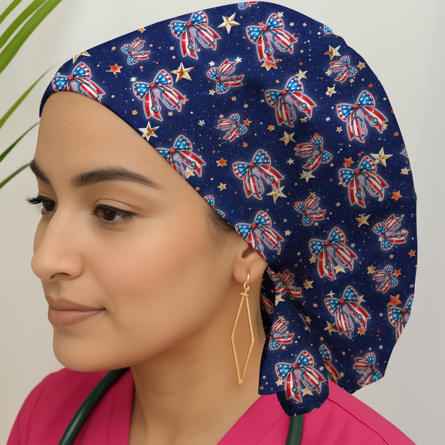 Patriotic Bow Star Print Scrub Cap, Breathable Fabrics Caps Uniform