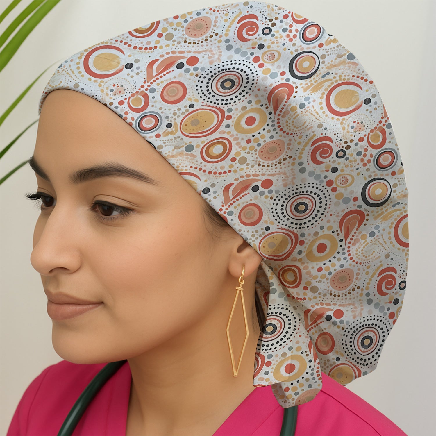 Abstract Earth Tone Dot Circle Pattern Cap, Bouffant Scrub Caps for Women
