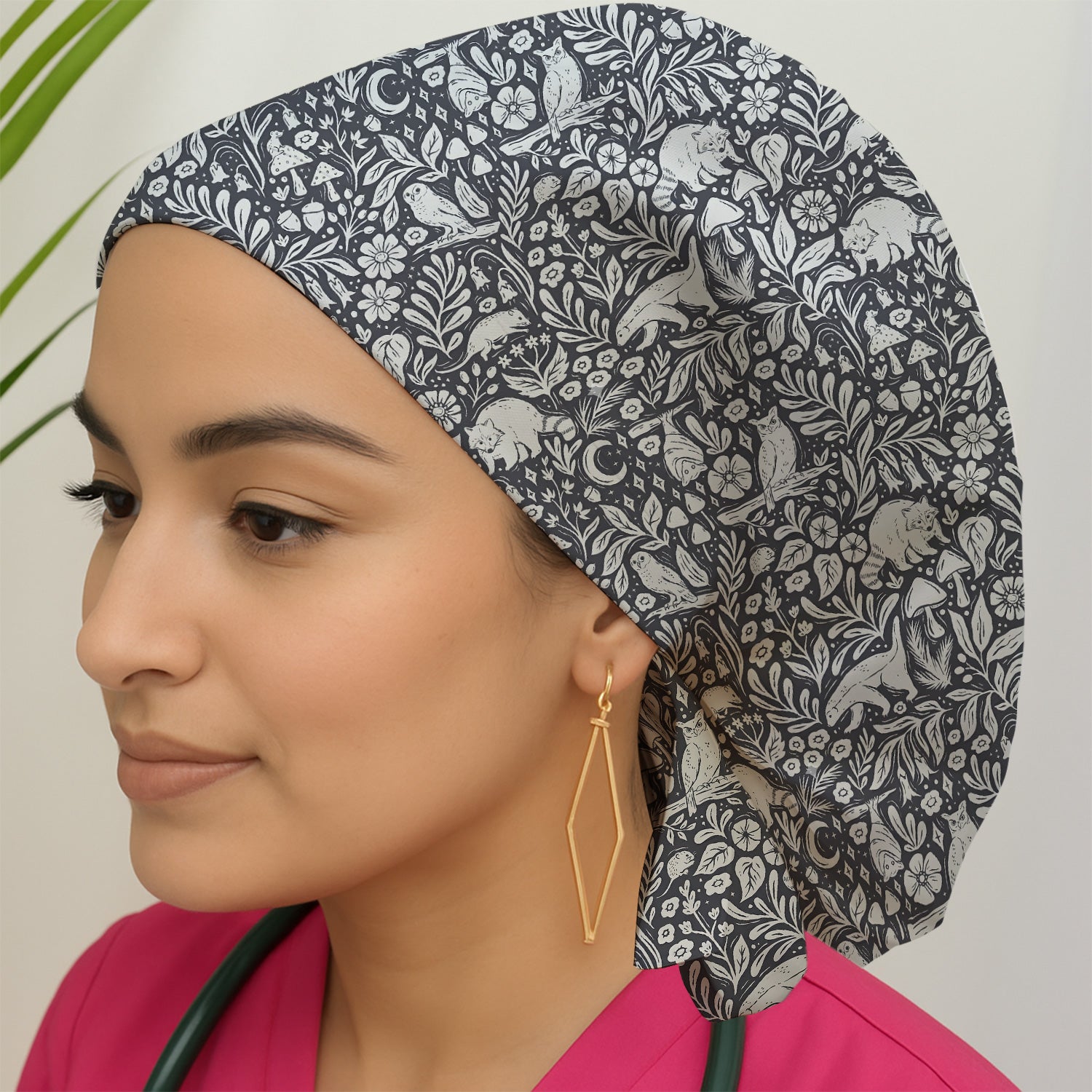 Woodland Animal Forest Pattern Scrub Cap, Breathable Fabrics Caps Uniform