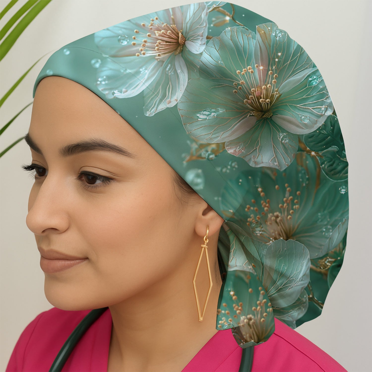 Elegant Mint Blossom Dewdrop Pattern Scrub Cap, Surgical Caps for Doctors