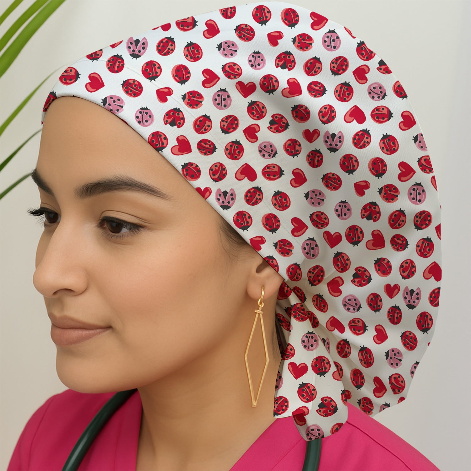 Cute Ladybug and Red Heart All Over Print Cap, Bouffant Scrub Caps for Women
