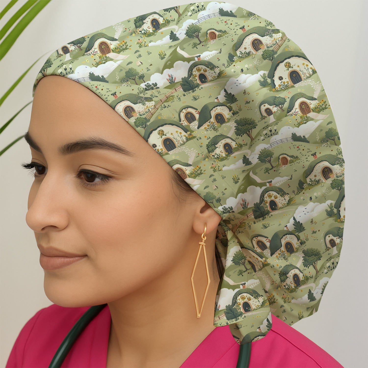 Cozy Hobbit Village Landscape Pattern Nurse Scrub Cap, Surgical Caps for Doctors