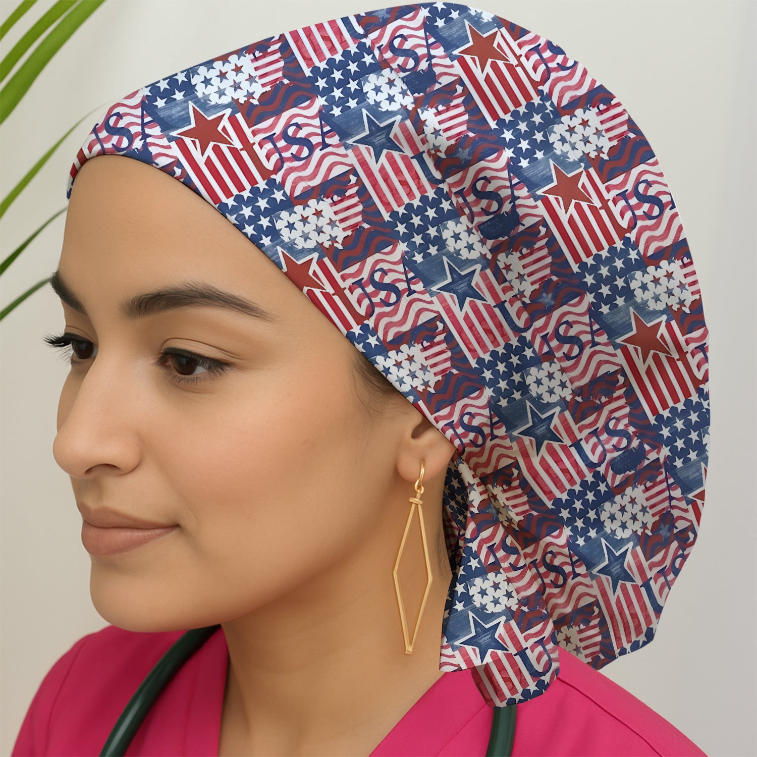 Patriotic USA Star Patchwork Pattern Scrub Cap, Surgical Caps for Doctors