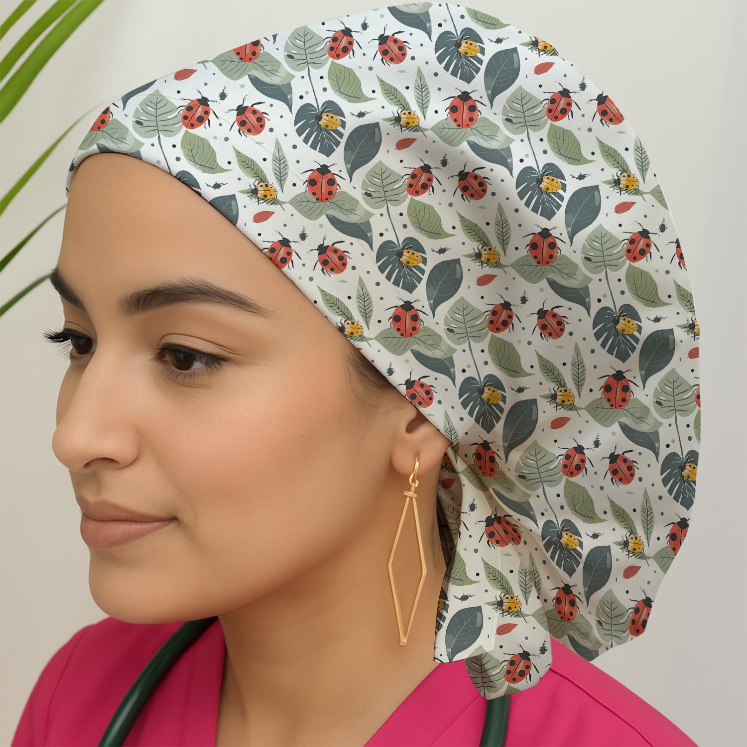 Cute Ladybug Leaf Nature Pattern Nurse Scrub Cap, Surgical Caps for Doctors