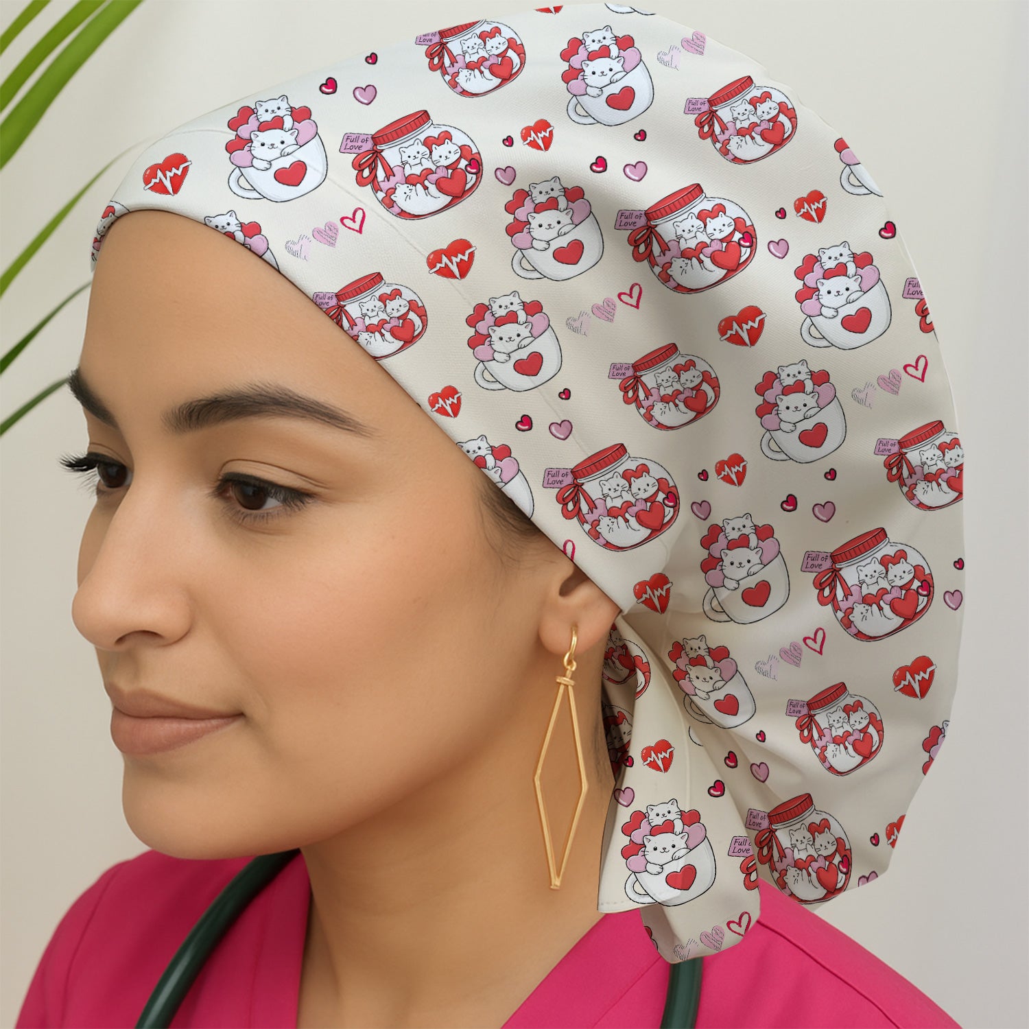 Cute Cat Valentine Nurse Scrub Cap, Bouffant Scrub Caps for Women