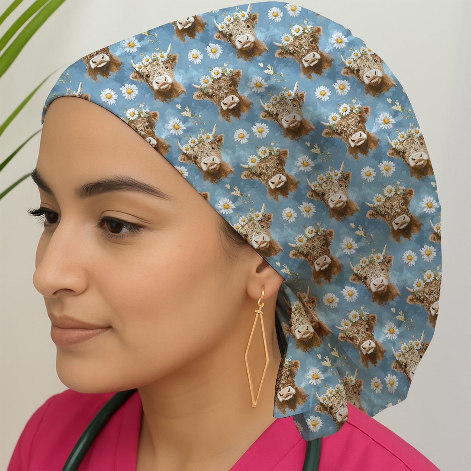 Highland Cow Daisy Flower Pattern Scrub Cap, Surgical Caps for Doctors