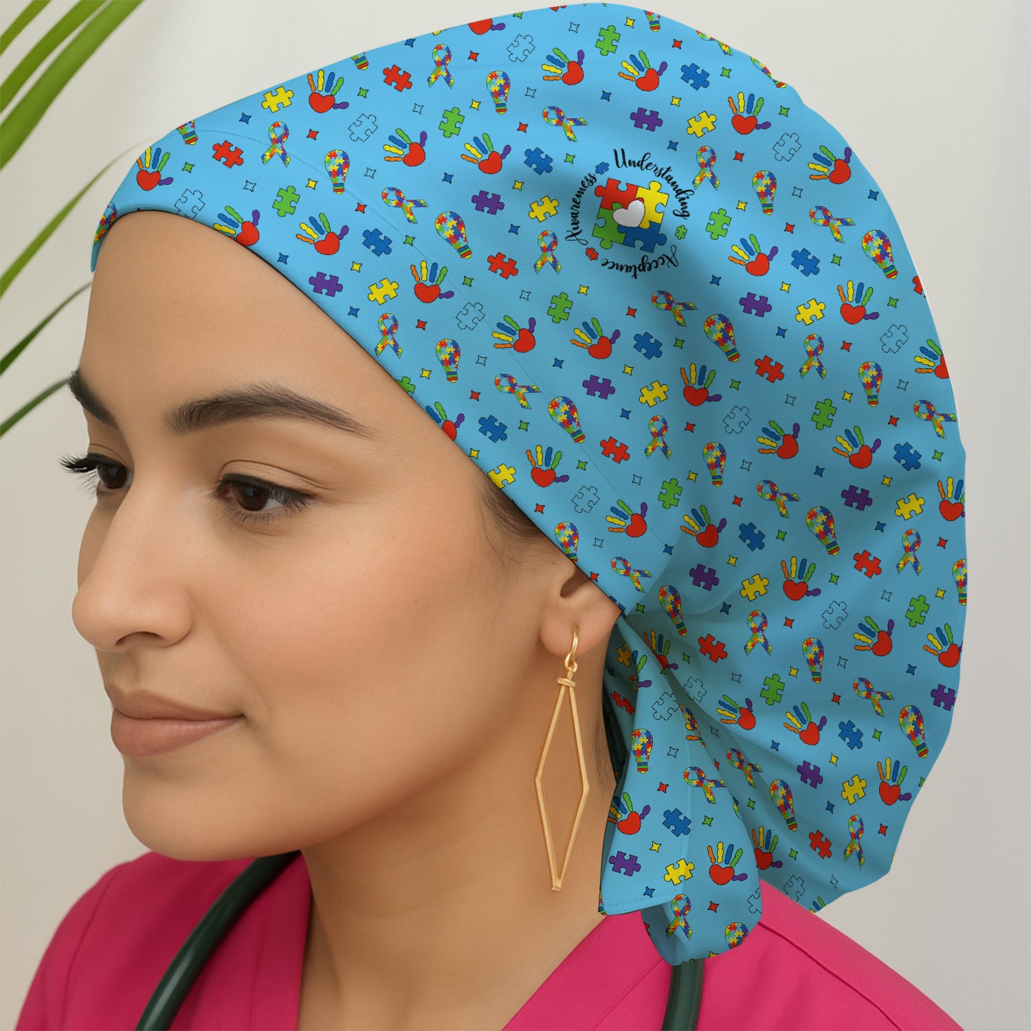 Autism Awareness Colorful Puzzle Pattern Print Cap, Bouffant Scrub Caps for Women
