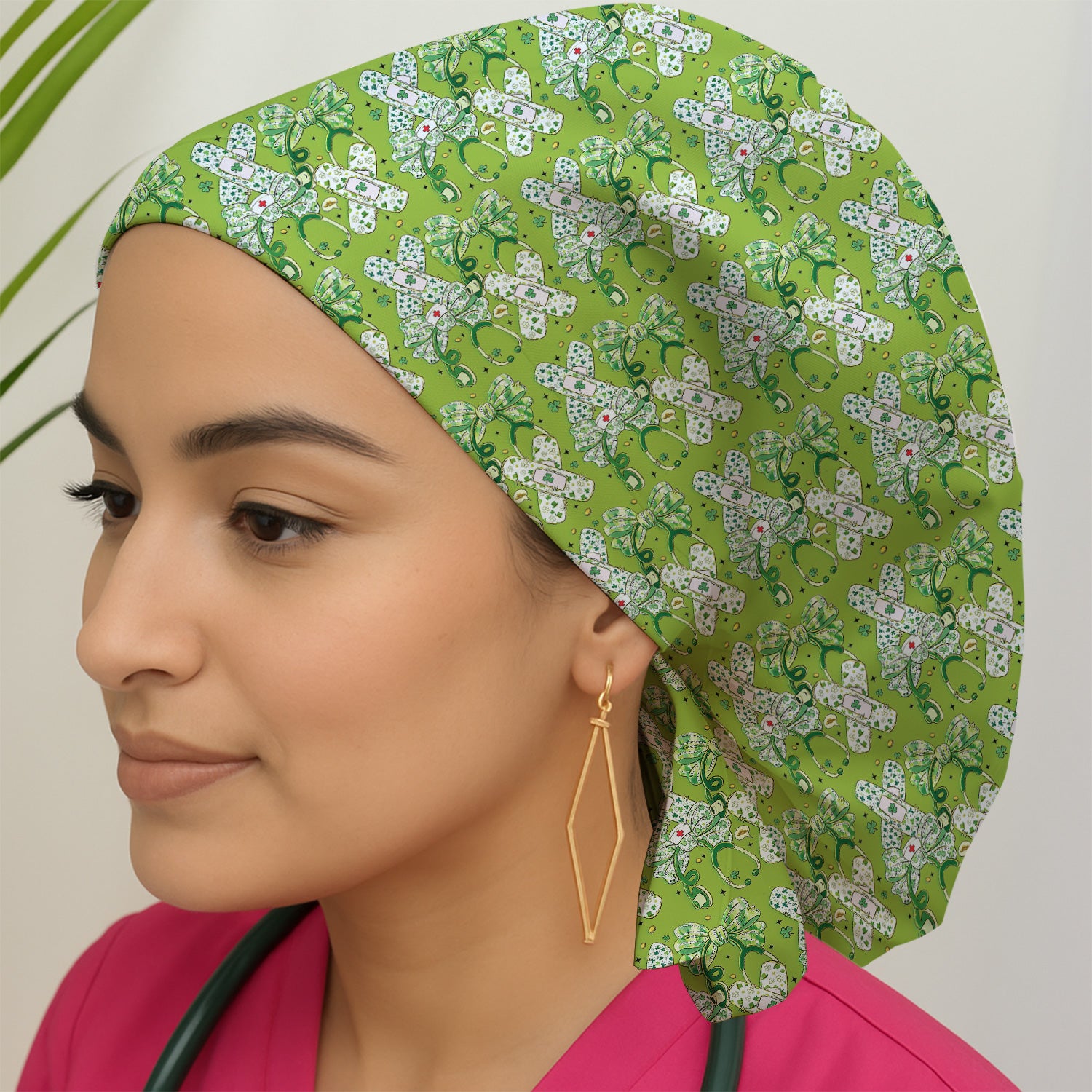 St Patrick Shamrock Stethoscope Bow Print Cap, Bouffant Scrub Caps for Women
