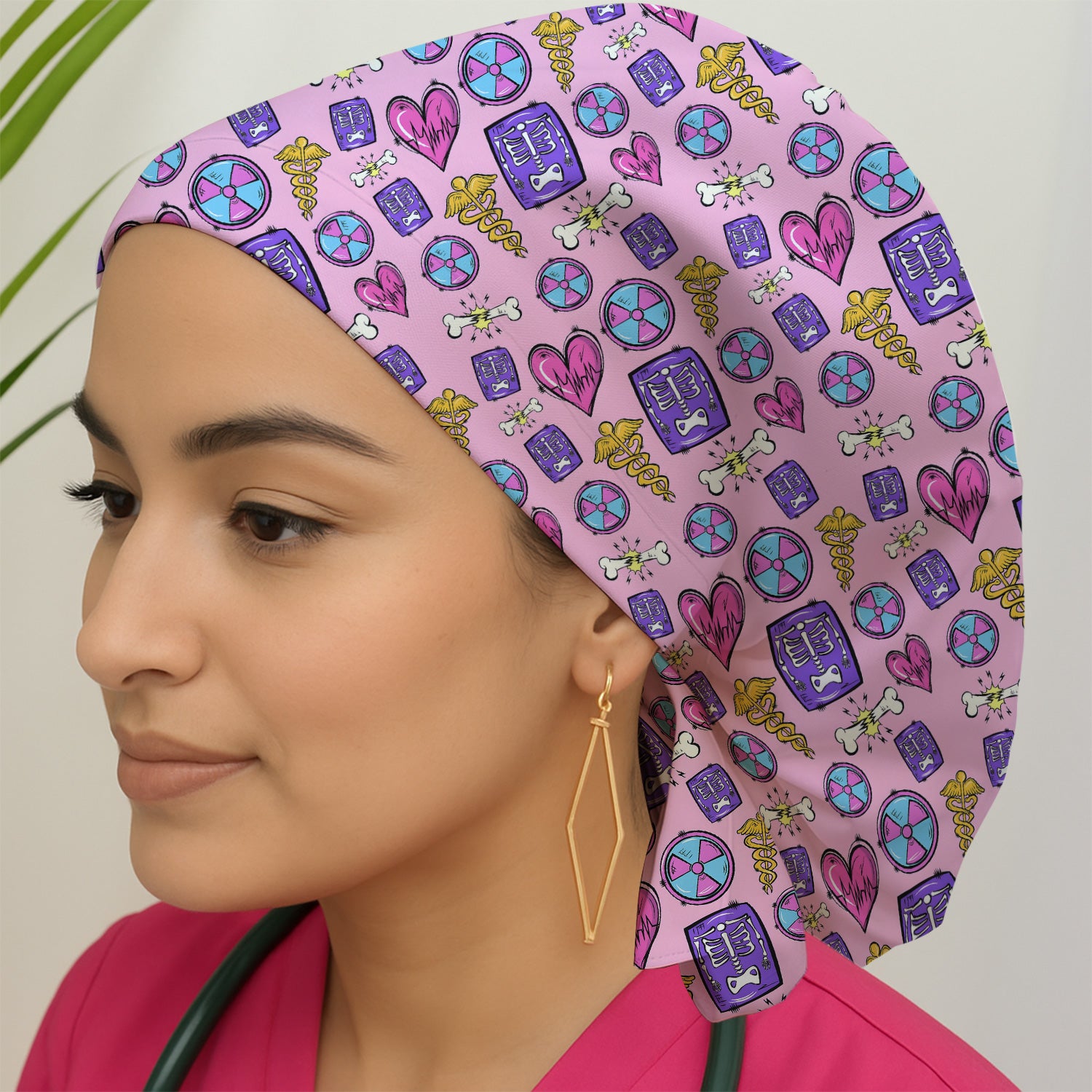 Sassy Nurse Heart Bone Caduceus Xray Icon Print Scrub Cap, Surgical Caps for Doctors