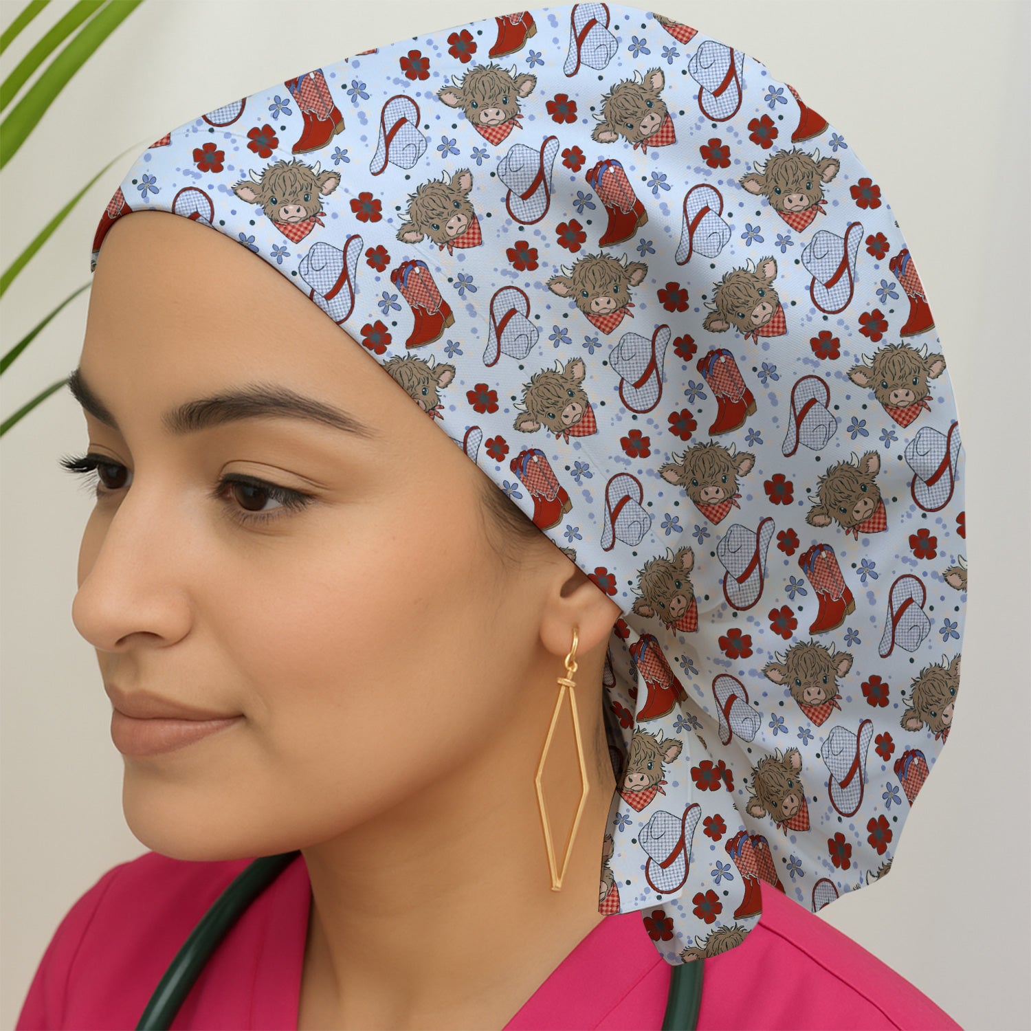 Cute Highland Cow Cowboy Boots Pattern Nurse Scrub Cap, Surgical Caps for Doctors